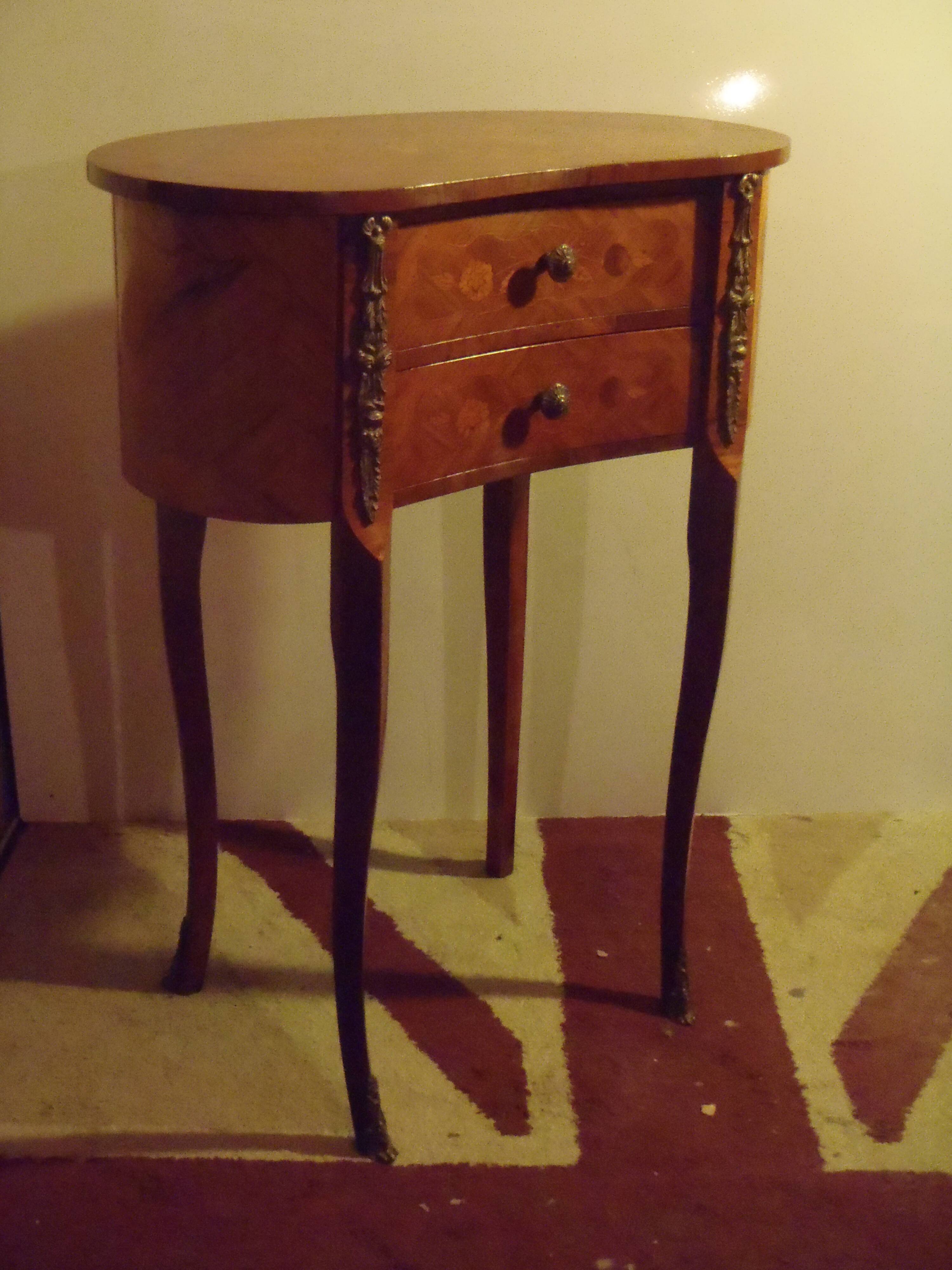 Louis XV style bedside table with varnished marquetry.