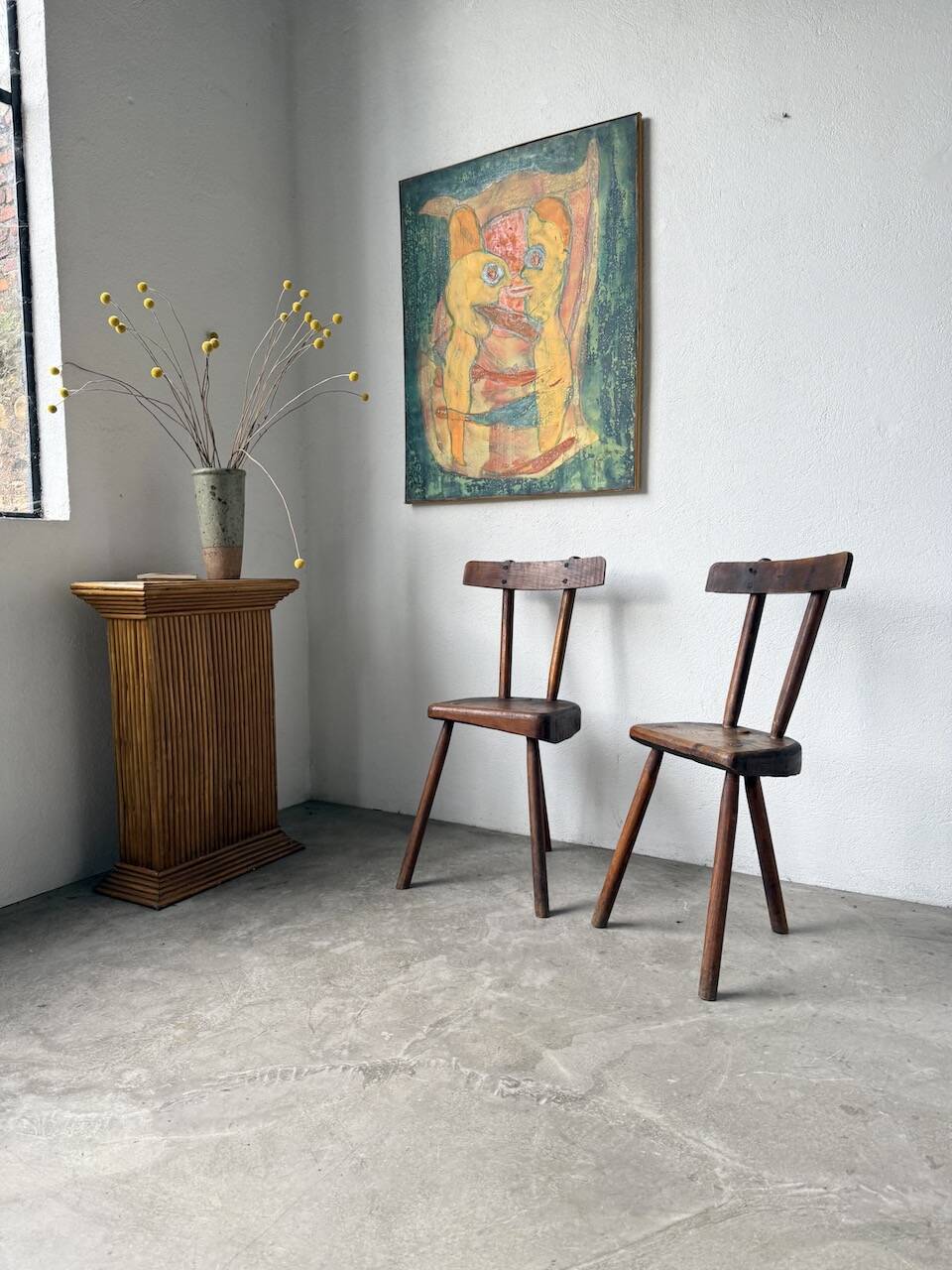 Pair of Savoyard tripod chairs, folk art, oak.