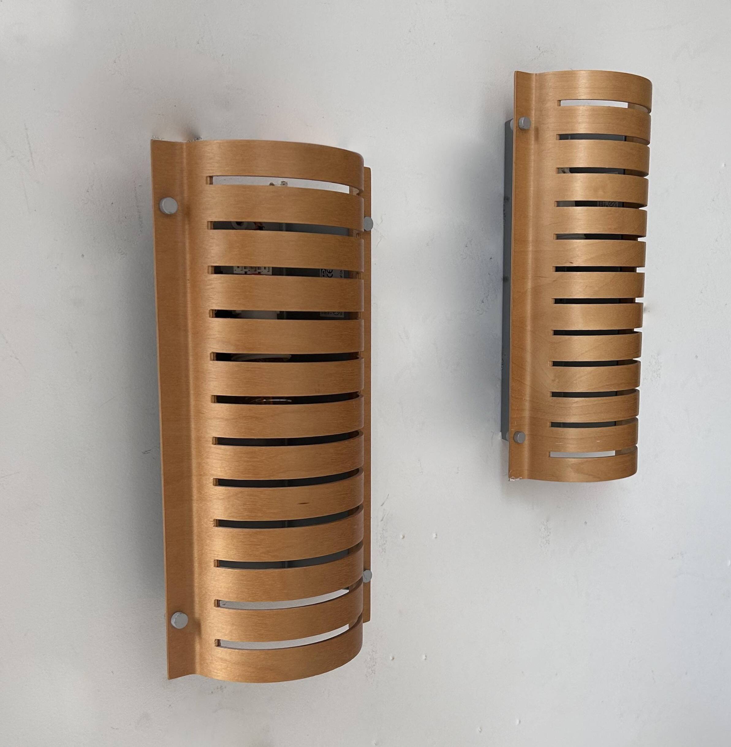 Pair of vintage wall lights, thermoformed wood, Sweden 1980s