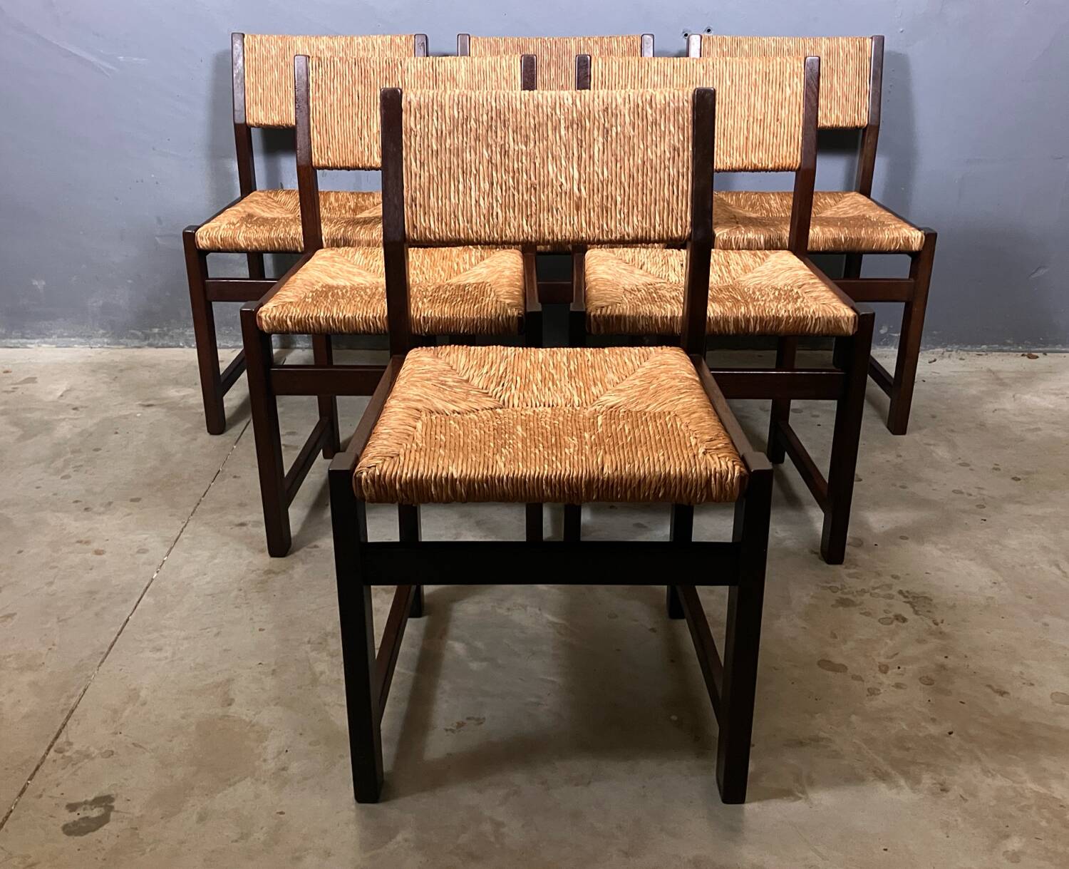 6 wooden vintage chairs dark wood rush