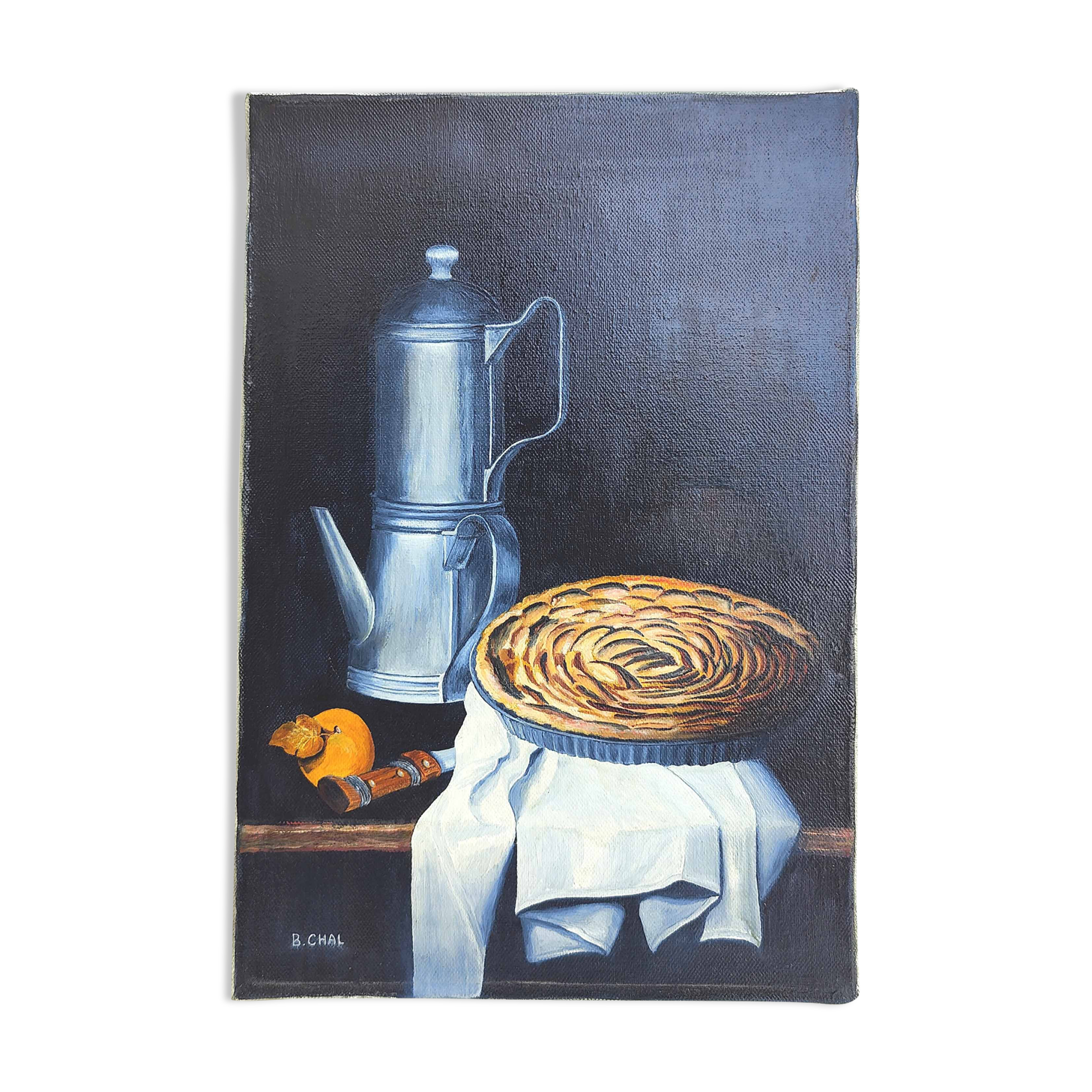 Painting canvas still life coffee maker country apple pie