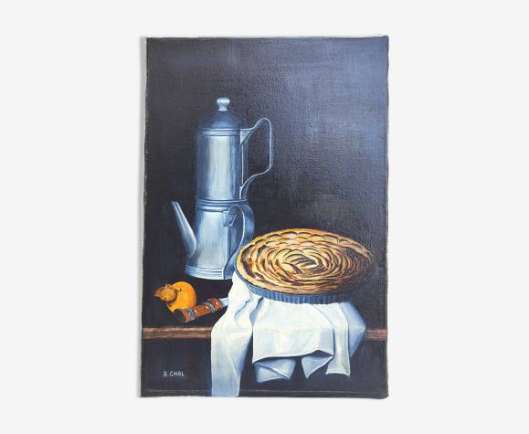 Peinture toile nature morte cafetière tarte aux pomme champêtre