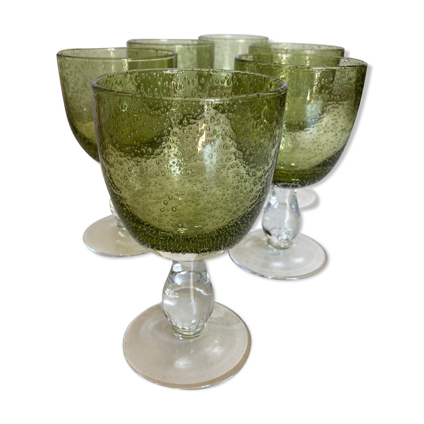 Set de 6 verres à vin 1970 en verre bullé vert