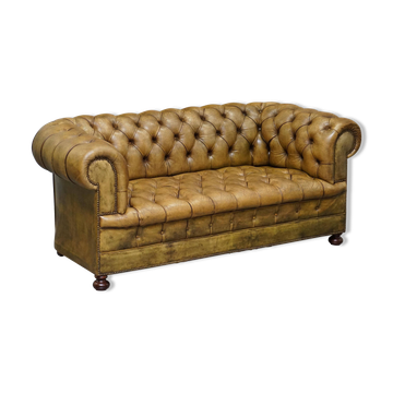 Canapé Chesterfield en cuir teint à la main, victorien rempli de crin de cheval