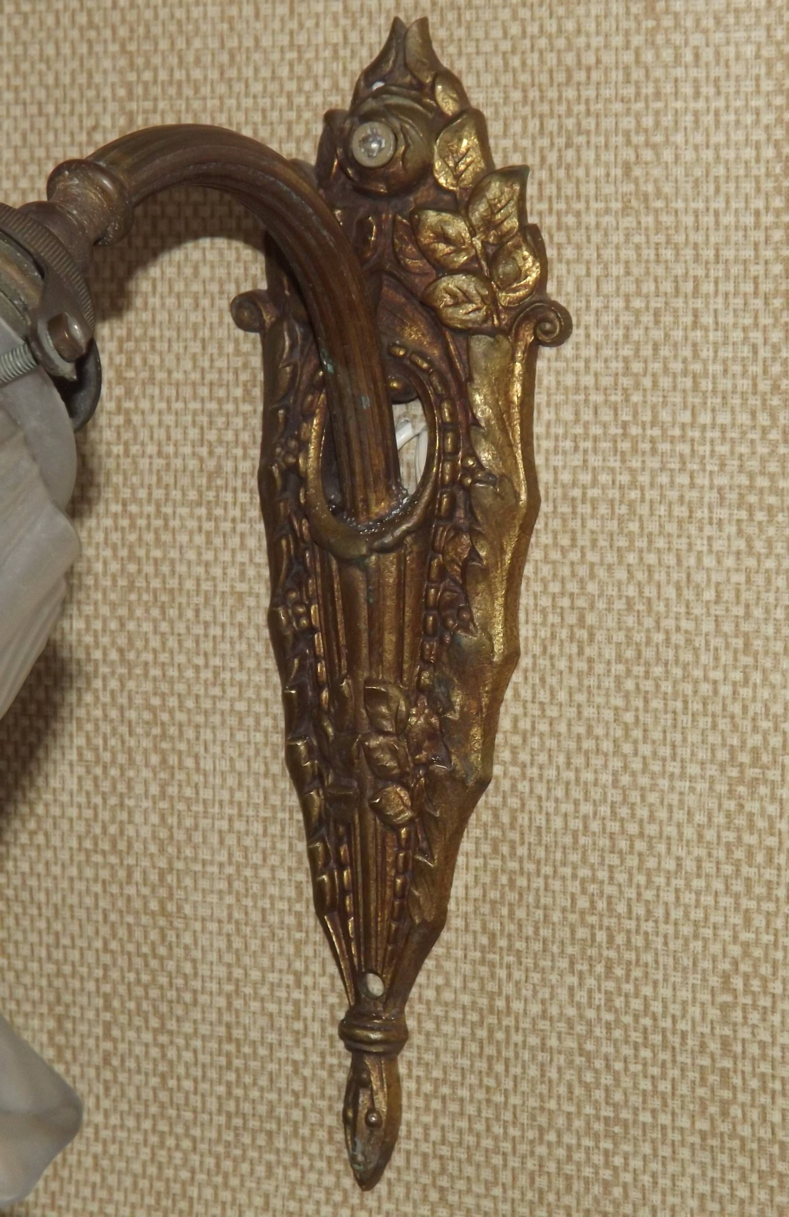 Single French Bronze Art Nouveau Wall Light with Flower Detail and White Glass Shade 4970