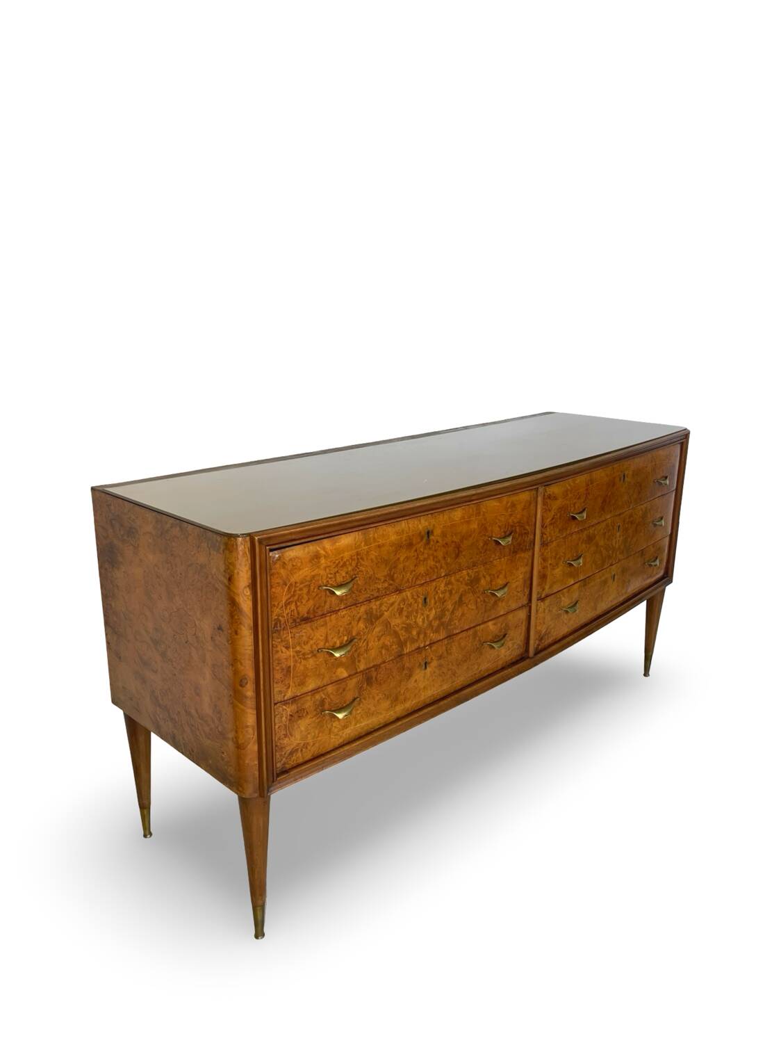 Veneered burl walnut chest of drawers with light warm brown glass top