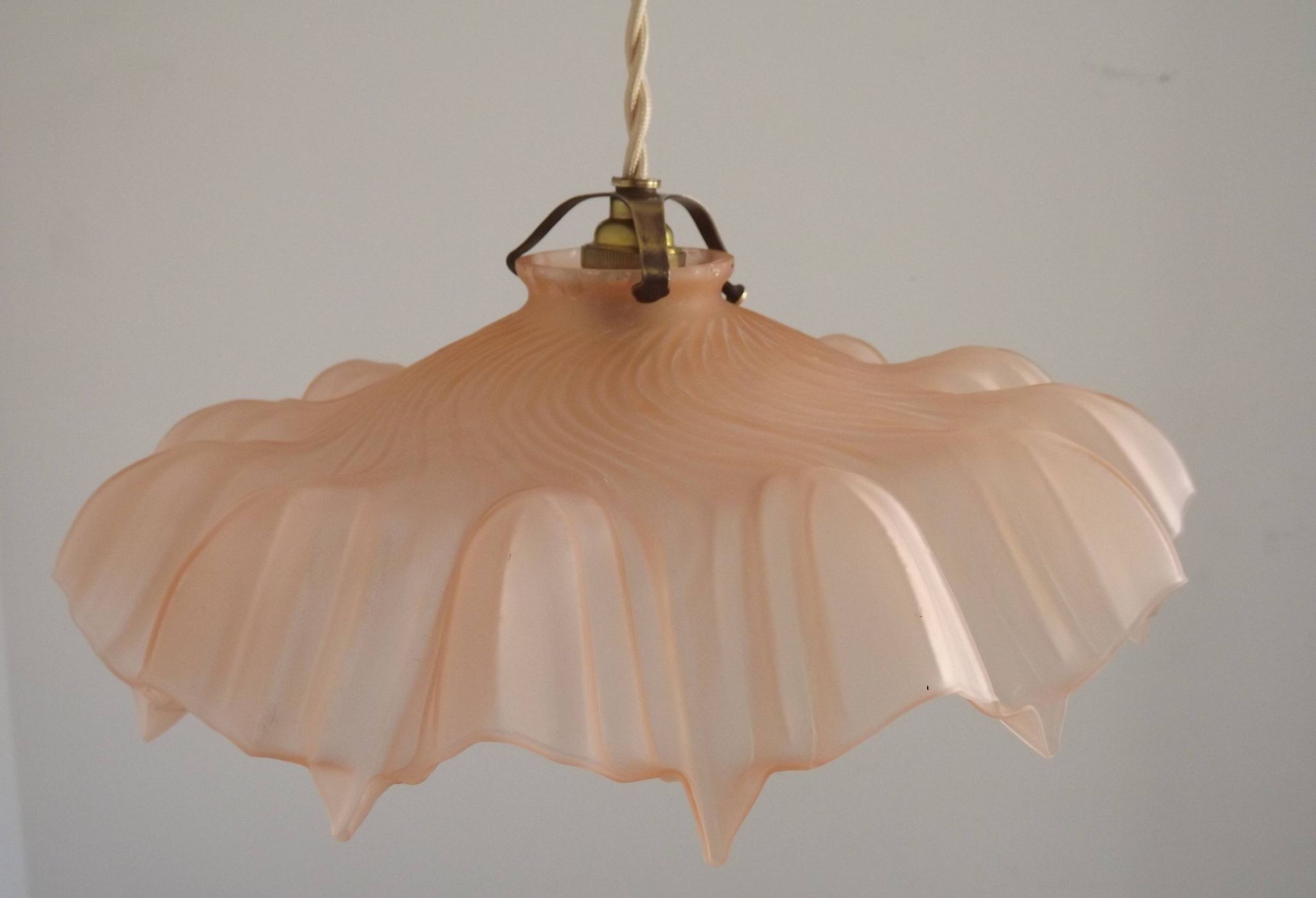 French Vintage 1930s Pink Frilled Glass Shade Hanging Light Brass Fittings