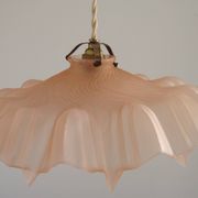 French Vintage 1930s Pink Frilled Glass Shade Hanging Light Brass Fittings