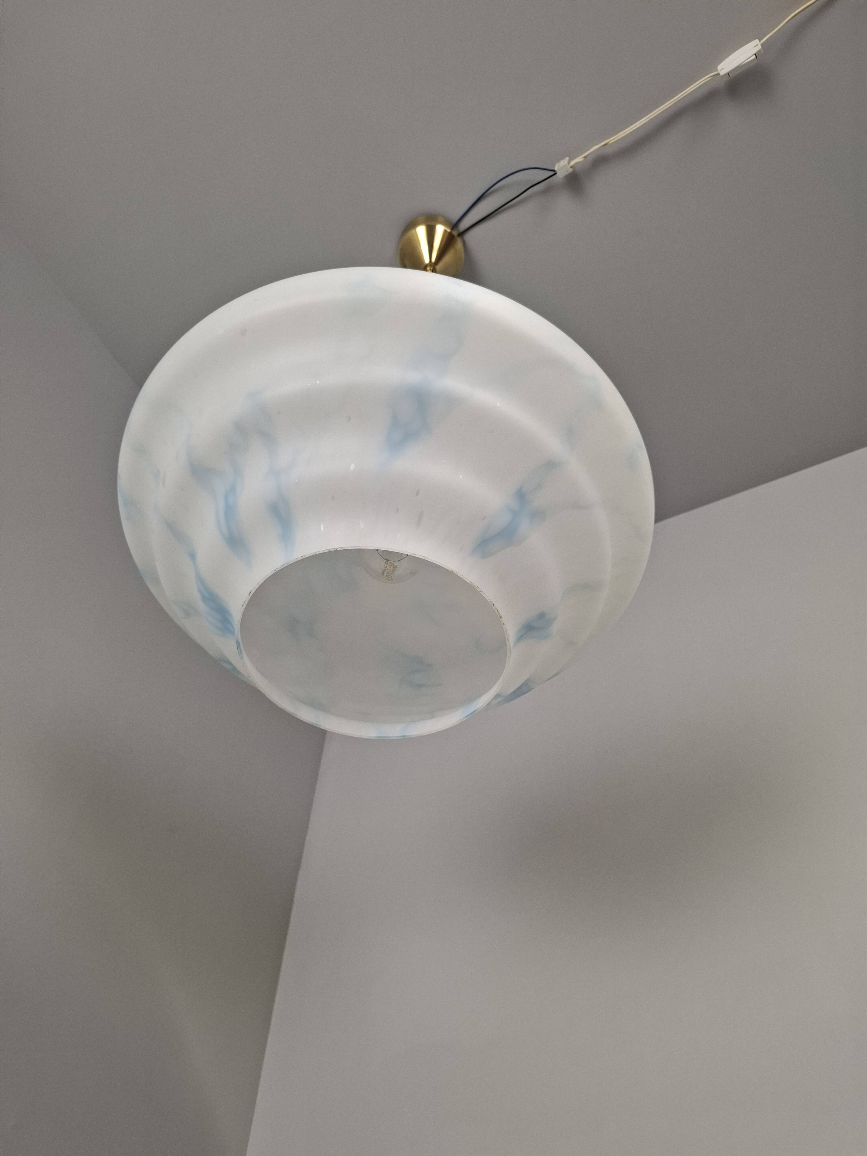Napako Midcentury Modern Pendant Lamp in Opaline Glass and Brass, Czechoslovakia