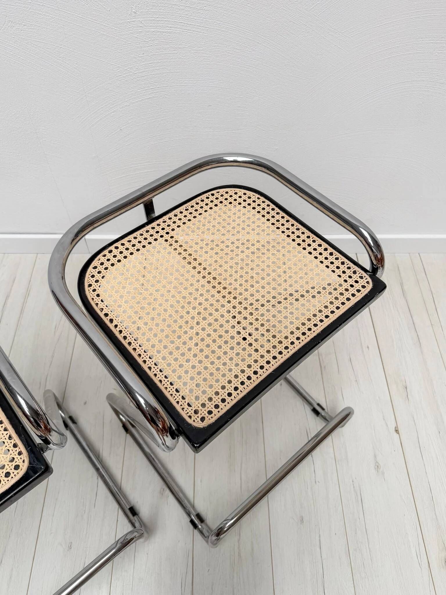 1970s set of 3 vintage Italian wicker & chrome barstools