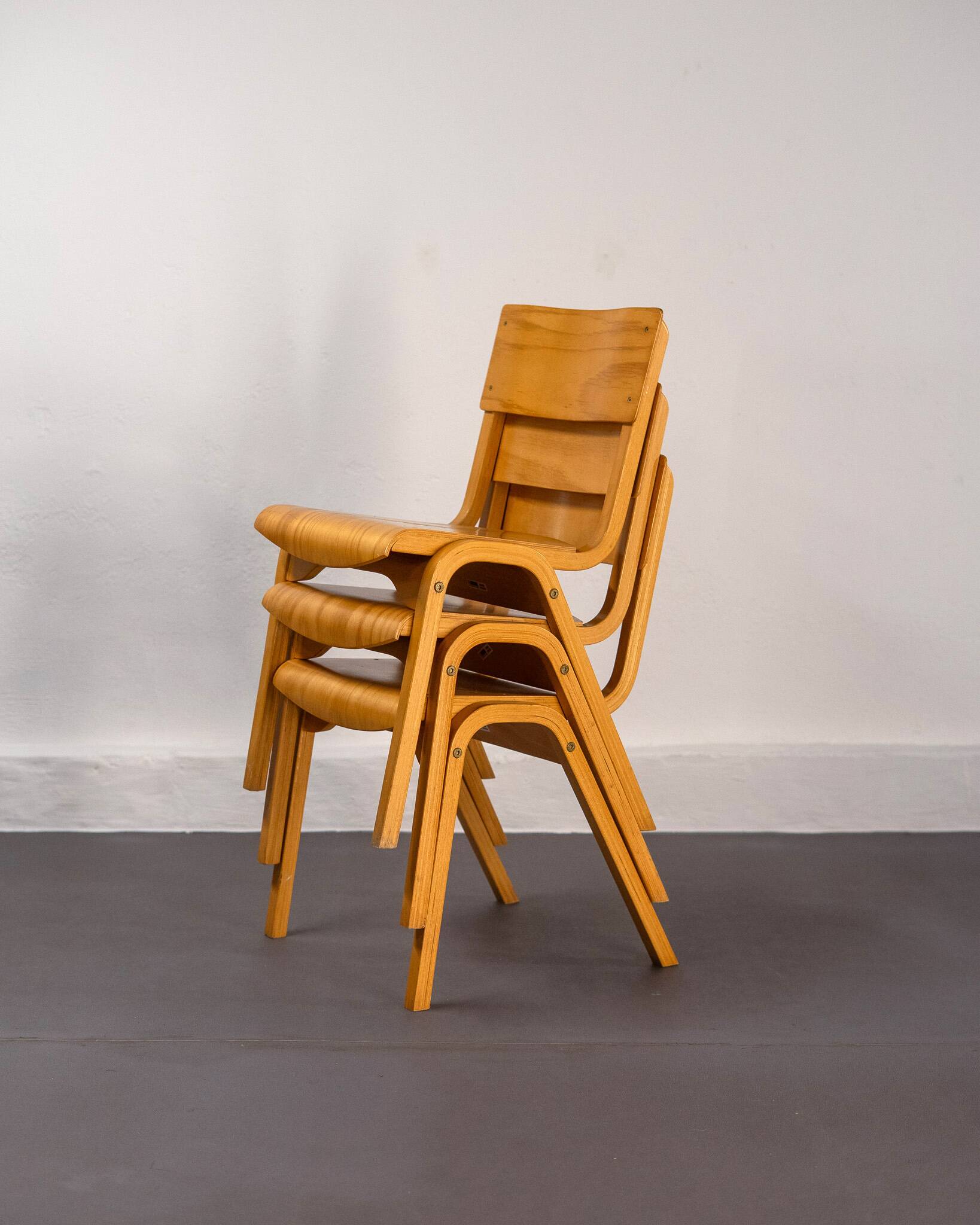 Vintage Stackable School Chairs made of wood and plywood, UK, 1970s
