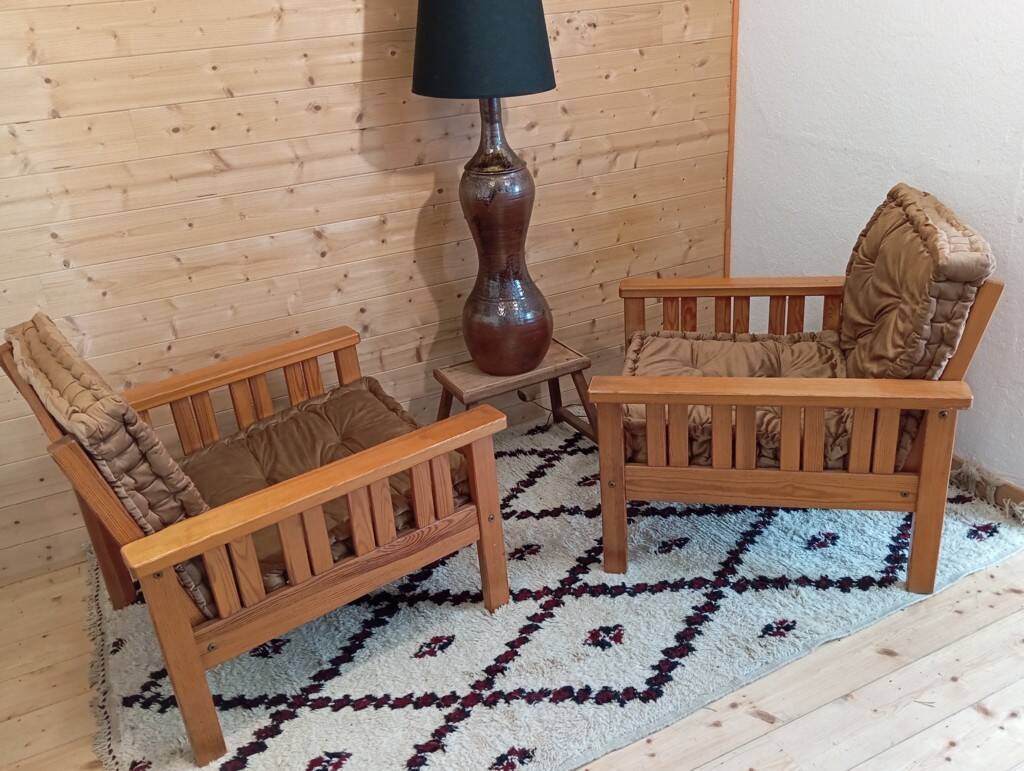 Pair of 70s pine armchairs