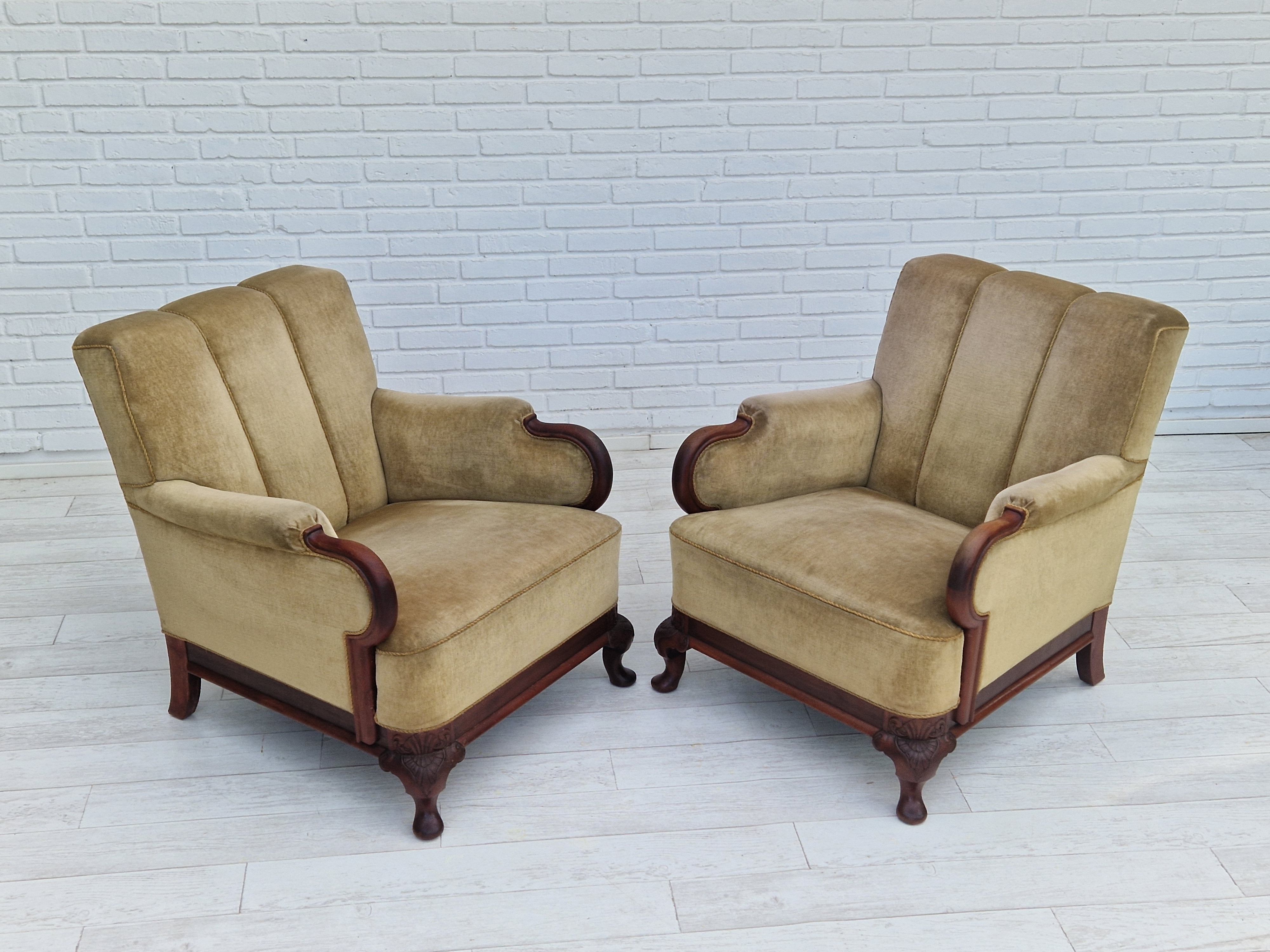 1950s, Danish design, set of armchairs, teak wood, velour, original condition.