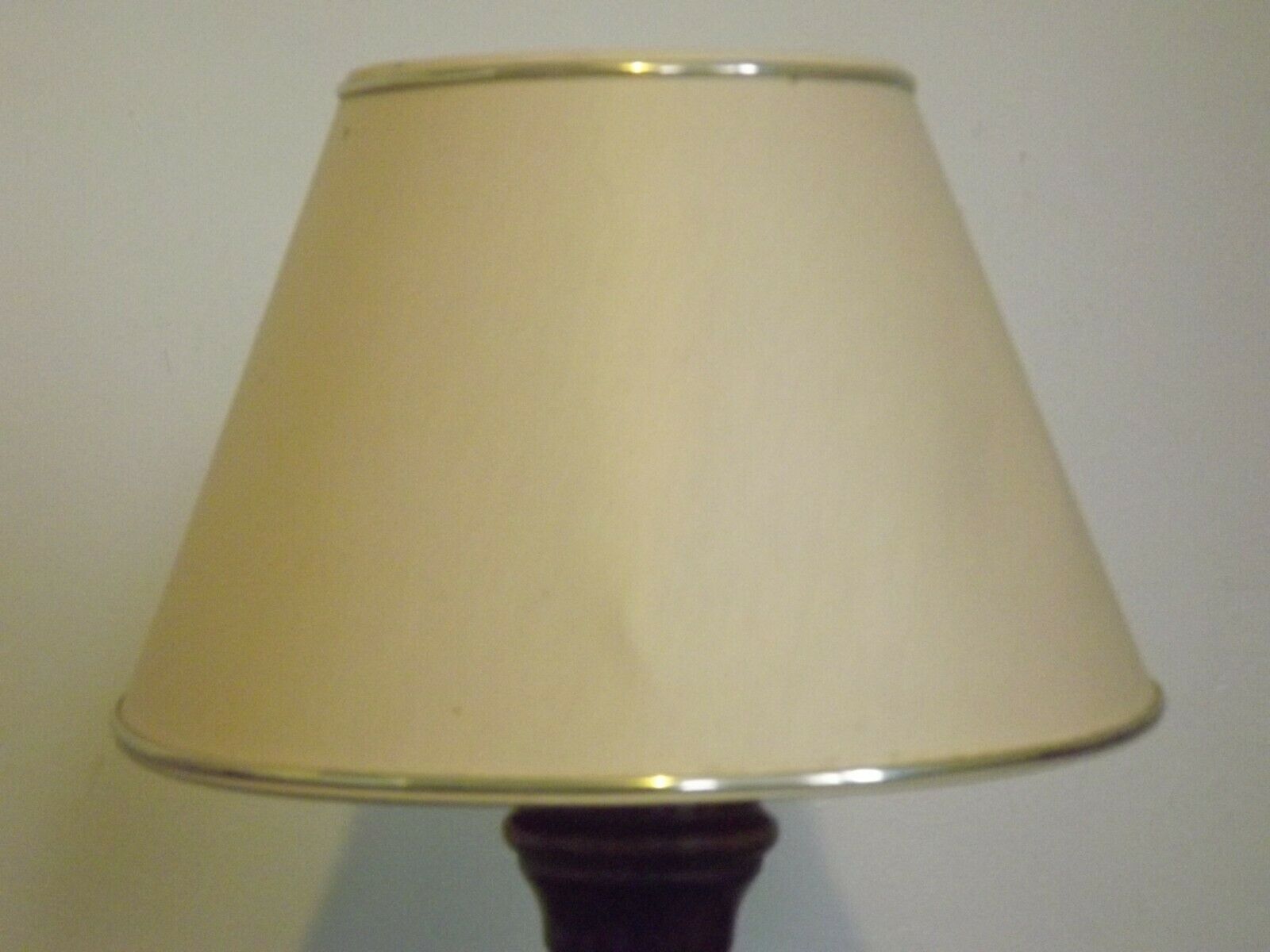 Pair French Mid Century Turned Wood Table Lamps With Beige & Gold Shades 3247