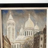 Oil on panel representing Montmartre and the Sacré Coeur, painting of a vintage view of Paris