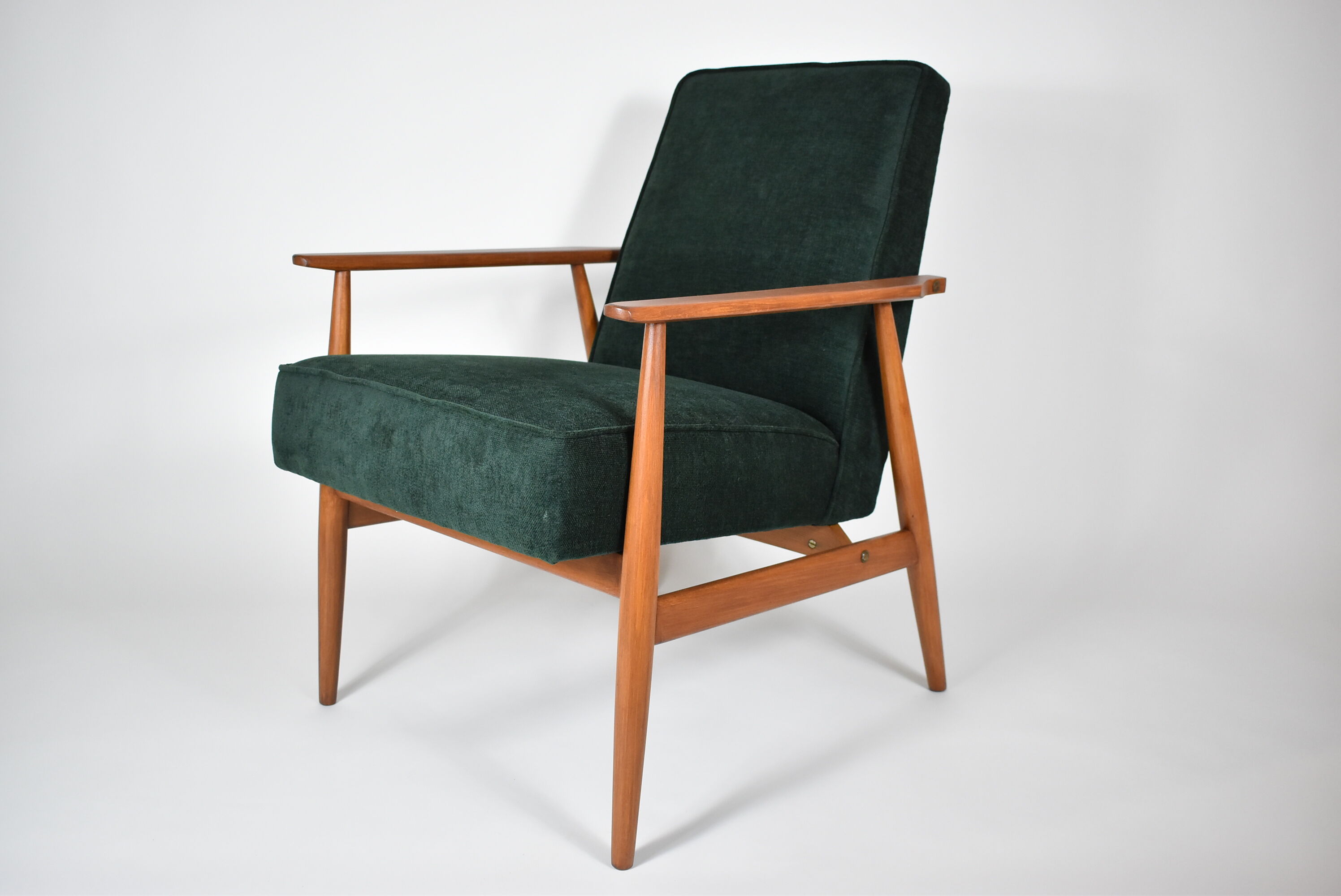 Vintage original polish armchair "Fox" designed by H. Lis 1970s, forest green fabric, restored