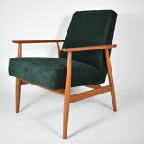Fauteuil poli d’origine vintage « Fox » conçu par H. Lis années 1970, tissu vert forêt, restauré