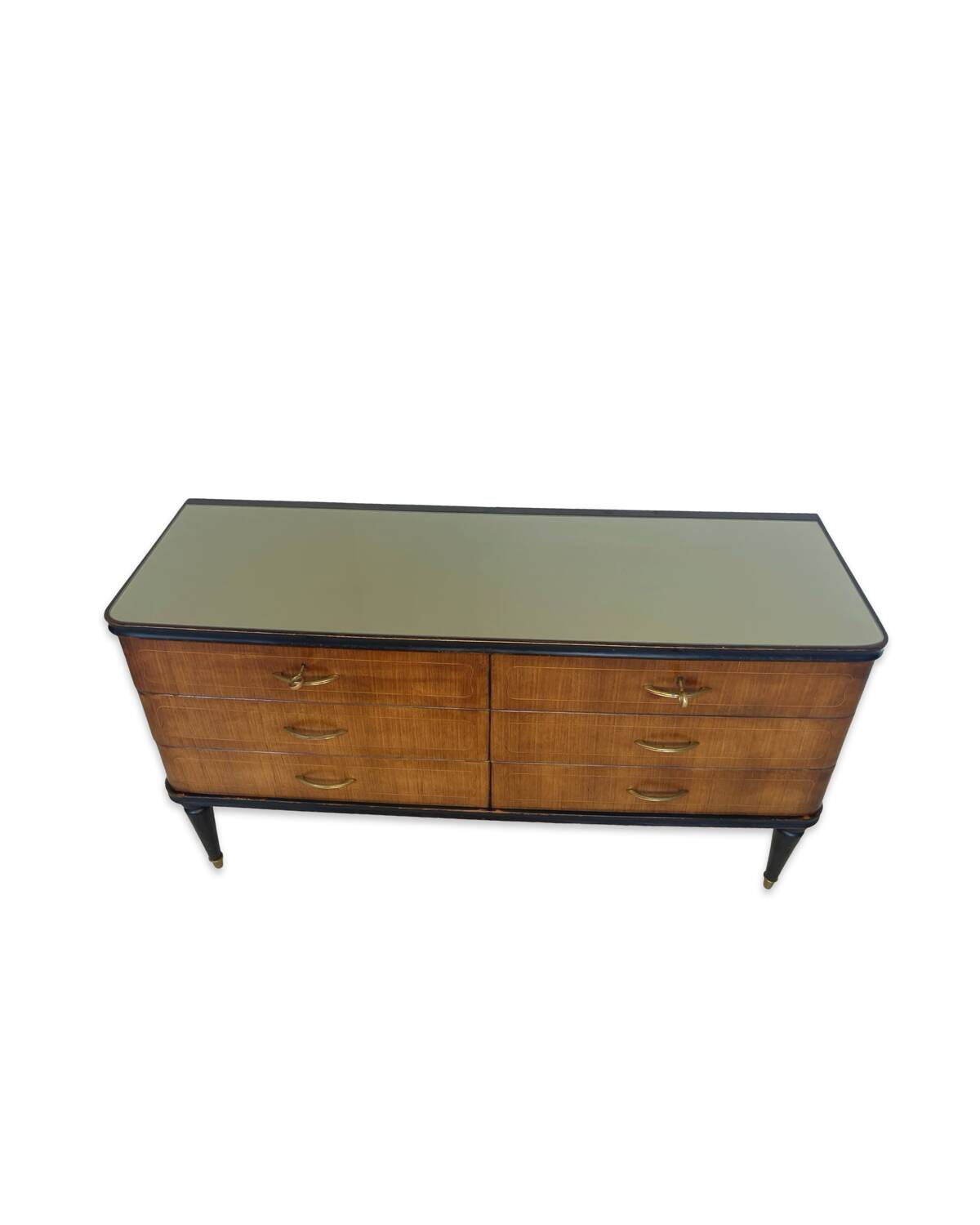Commode en acajou plaqué avec plateau en verre vert, années 1950