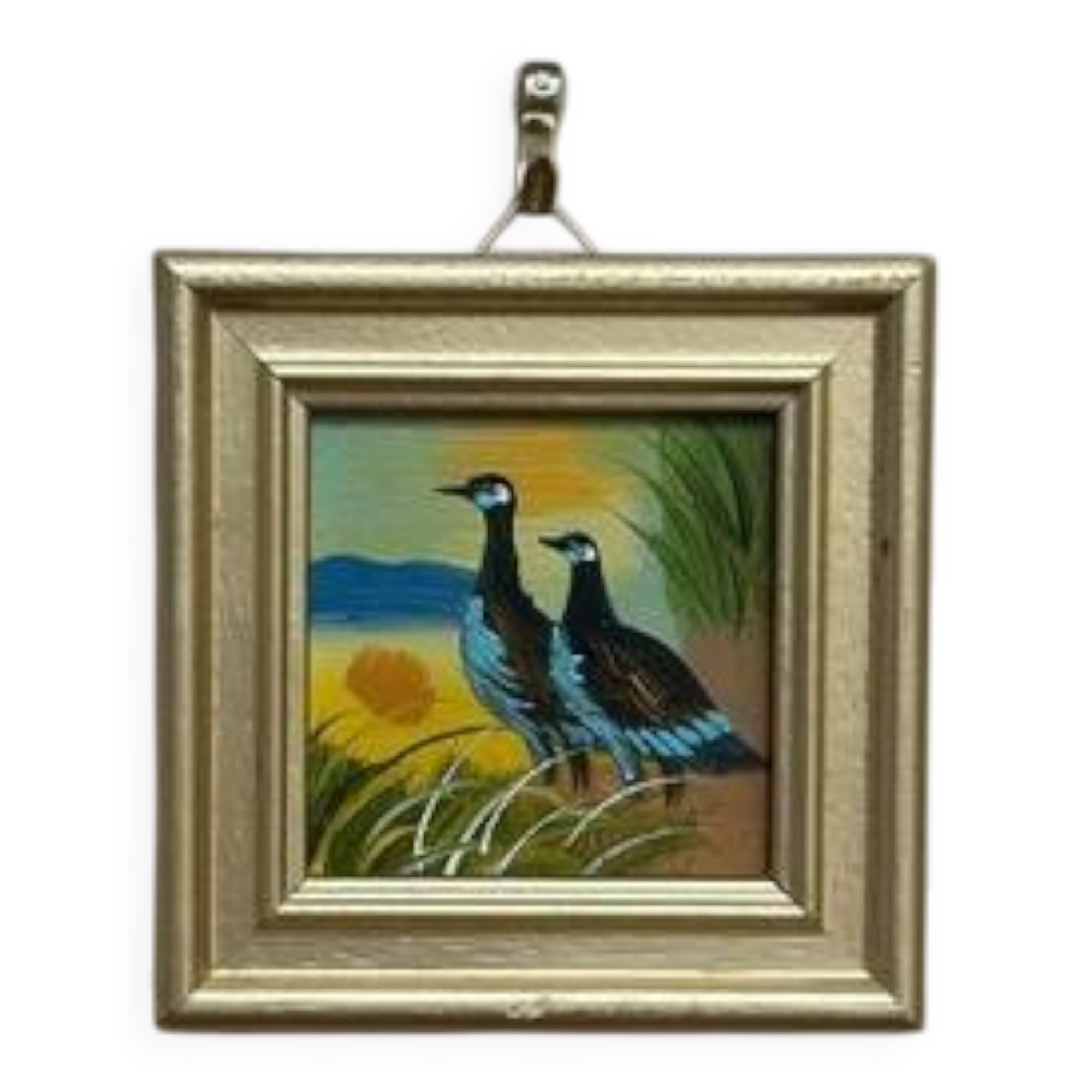 Mid-Century Oil on Panel – “ Birds” by Unknown, Vintage & Framed 11 × 11 cm