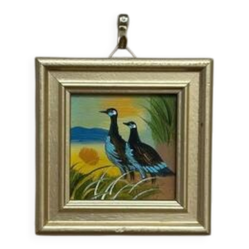 Mid-Century Oil on Panel – “ Birds” by Unknown, Vintage & Framed 11 × 11 cm