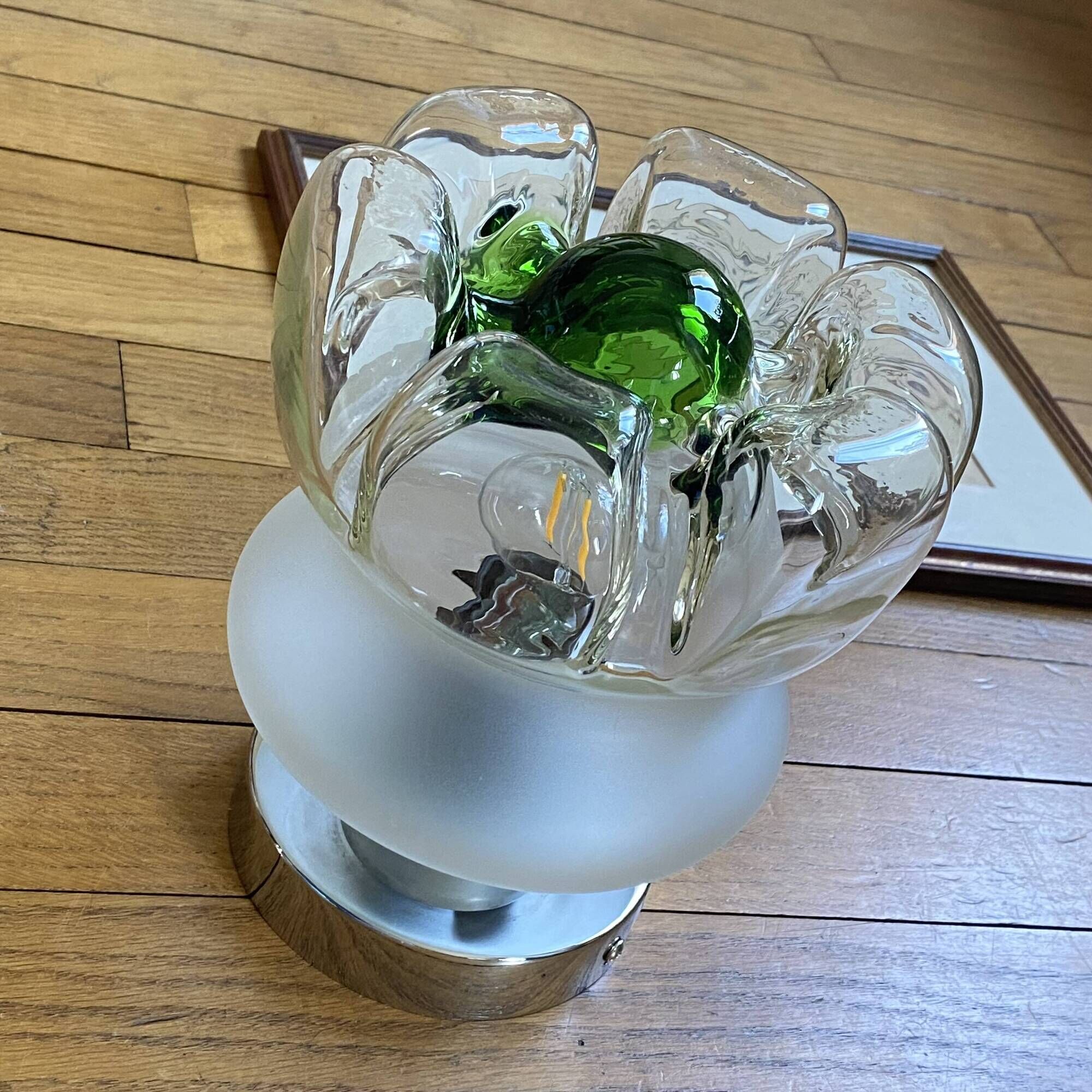 Vintage ceiling light Murano glass Mazzega green flower and stainless steel
