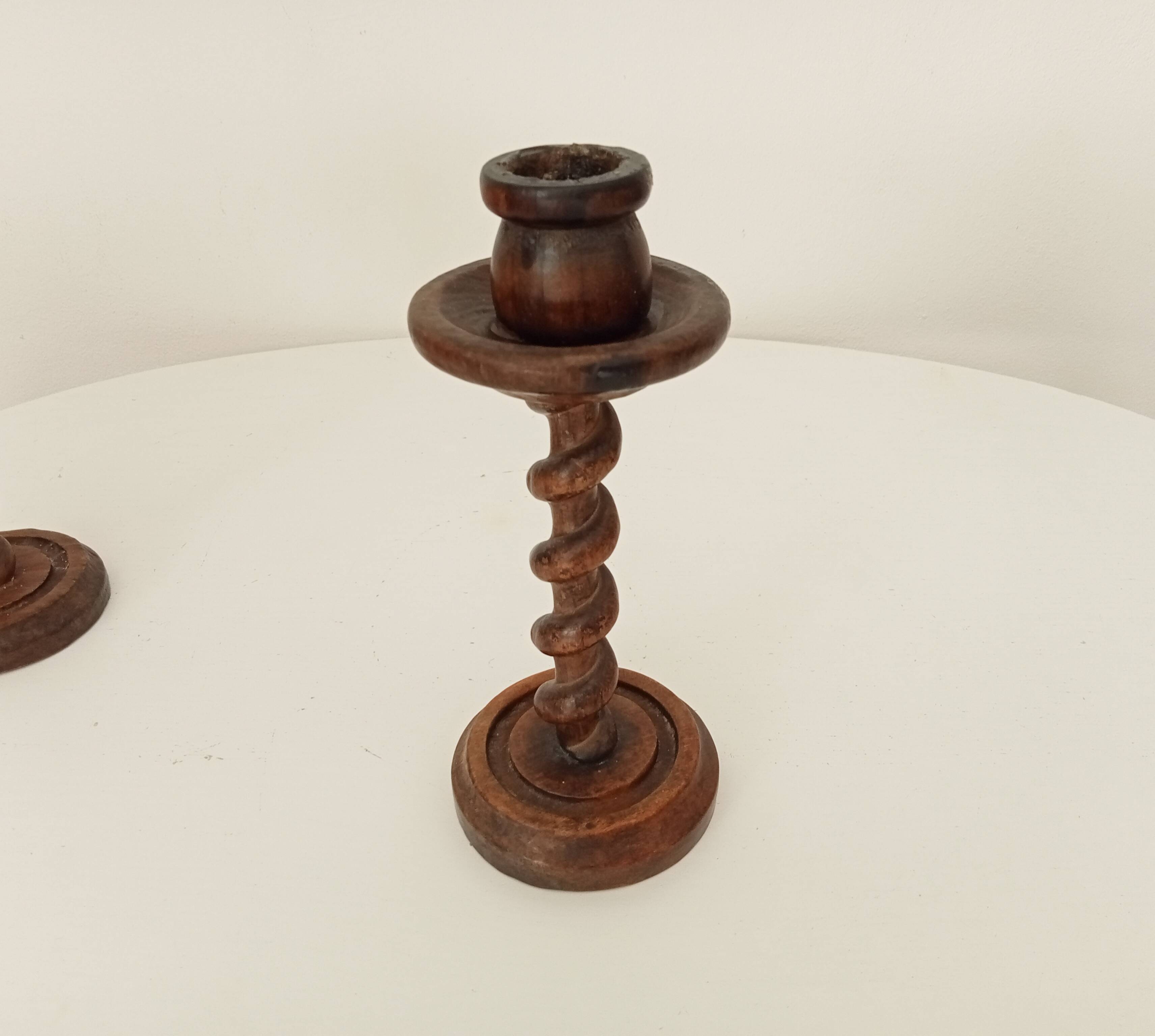 Vintage folk art turned wood candle holder
