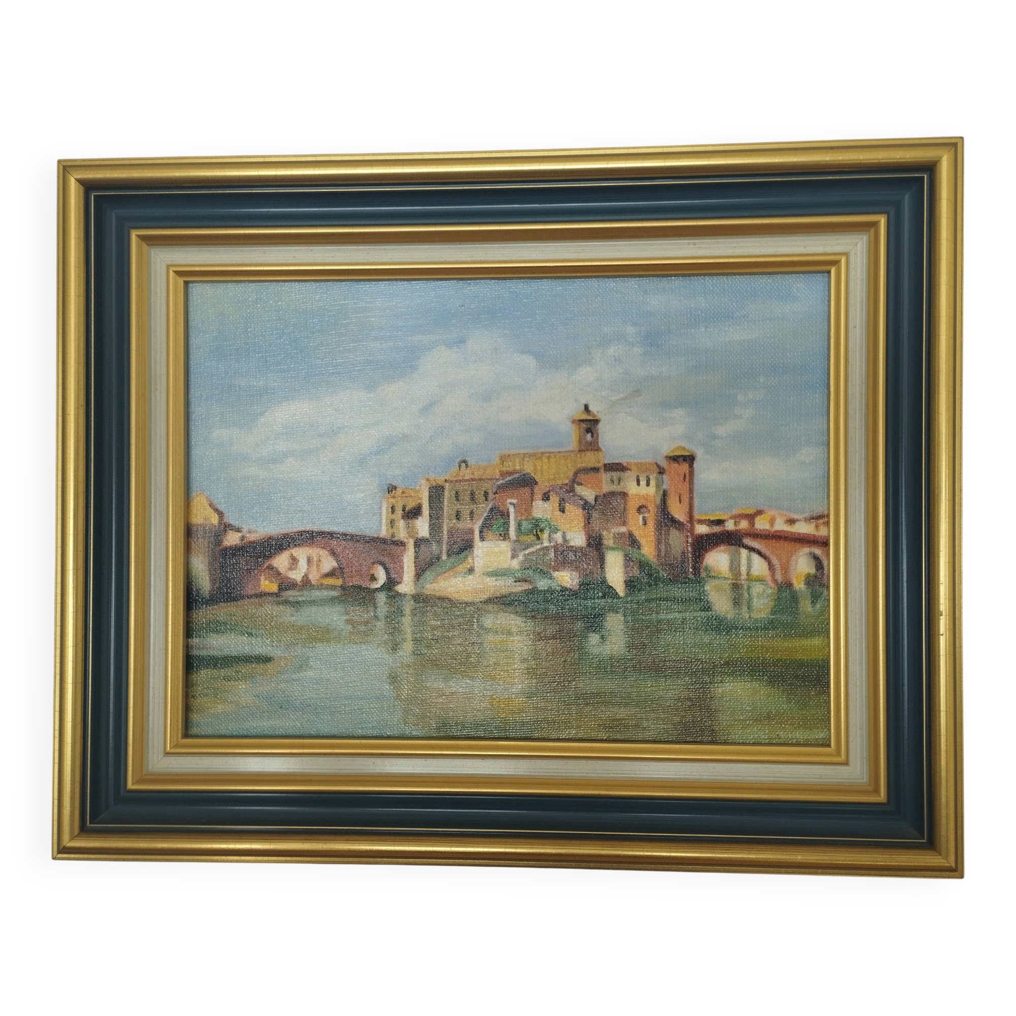Oil painting on canvas - View of Tiber Island (Rome) - Corot style