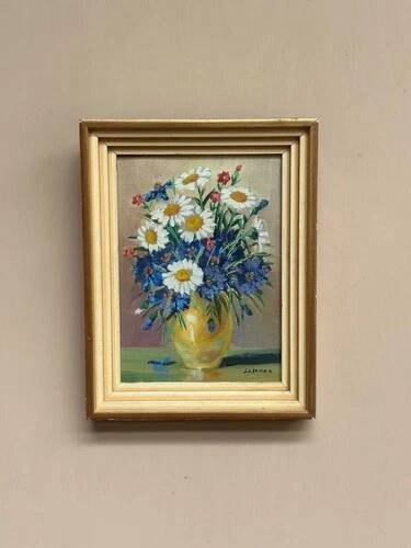 Mid-Century Oil on Panel “ Vase” by Sascher, Signed, Vintage & Framed 17 × 22cm