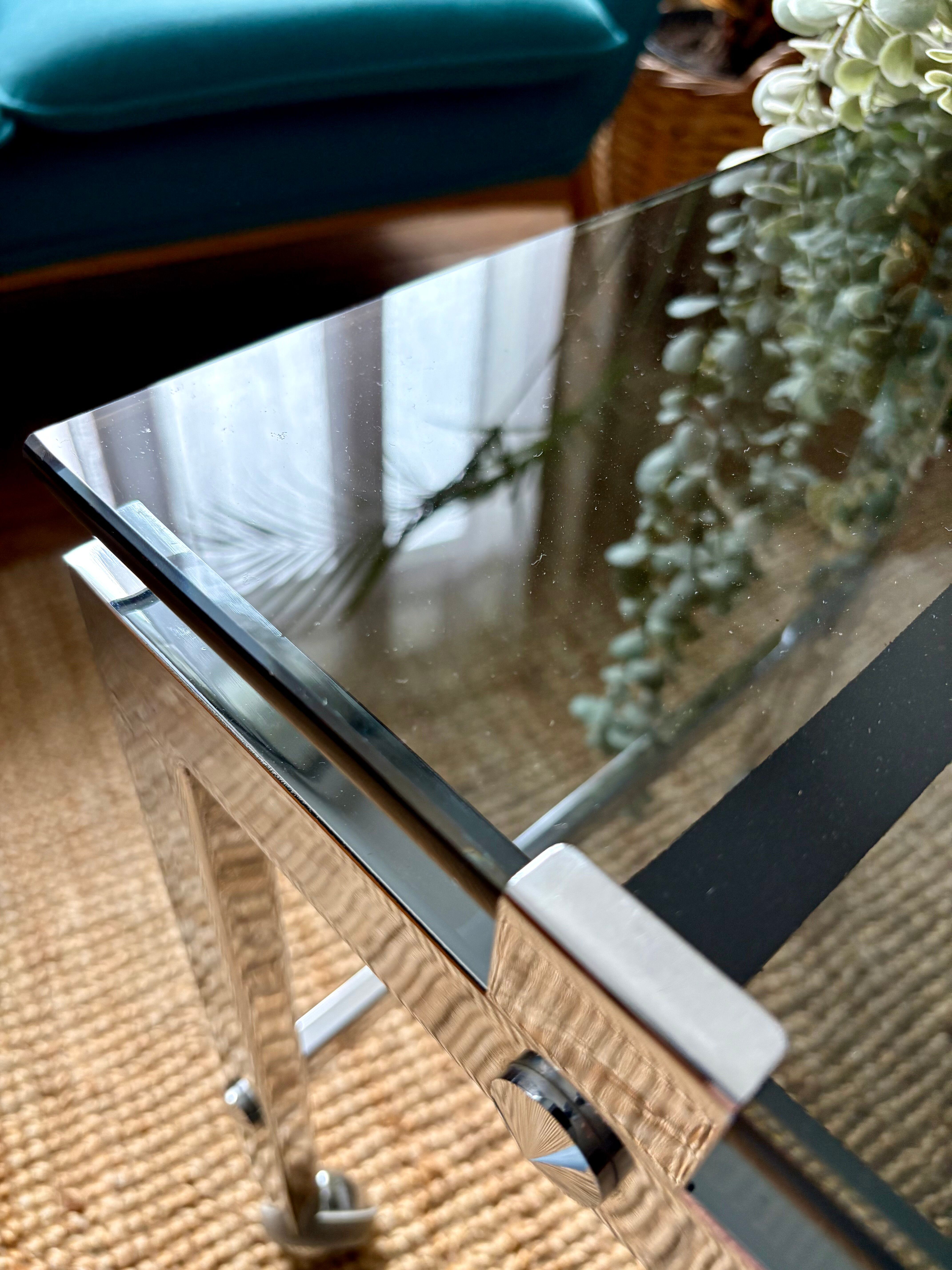 Chrome and smoked glass coffee table on wheels 1970