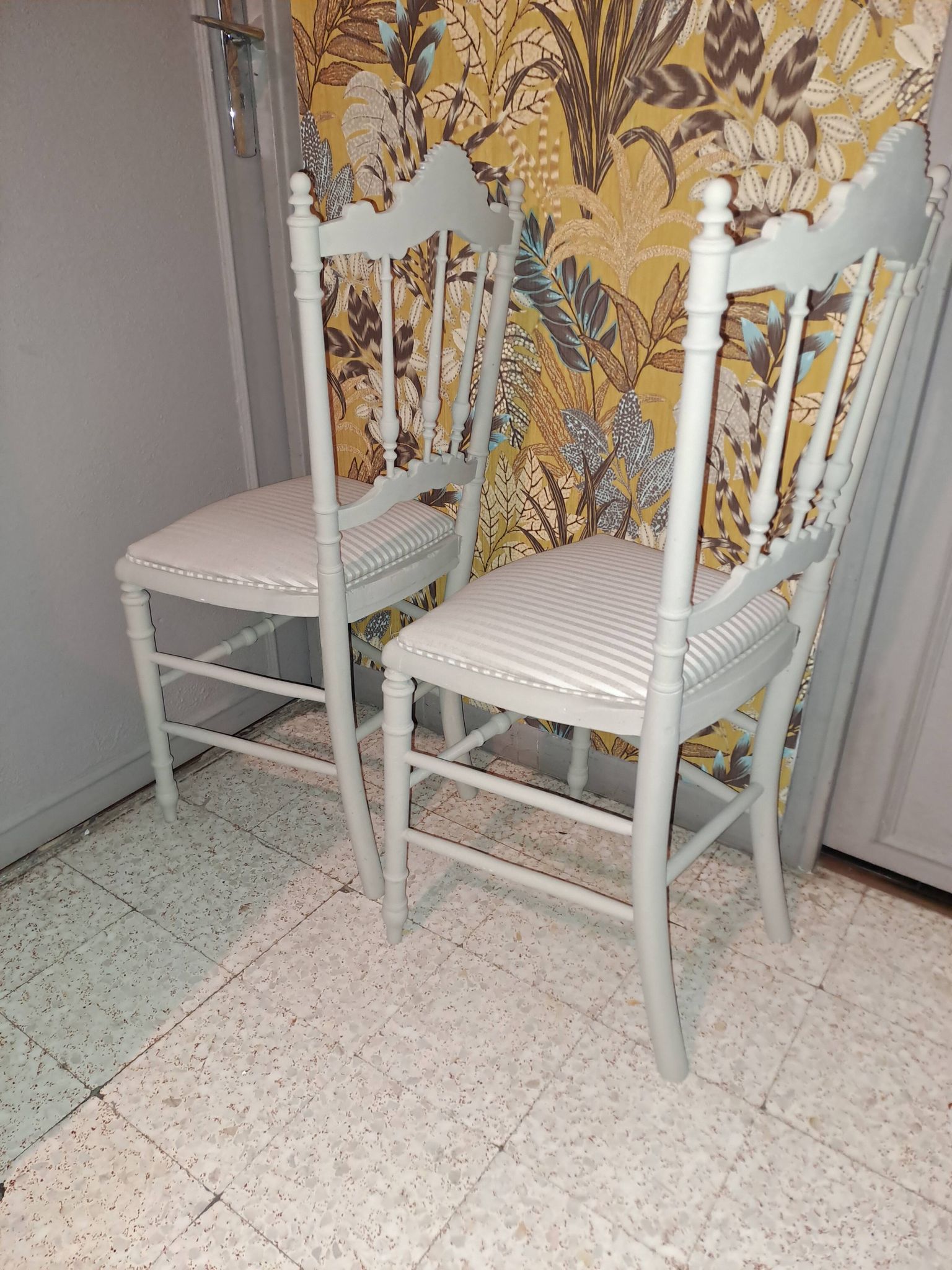 Lot of 2 empire style opera chairs redone in 19th century striped fabric, beige color