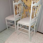 Lot of 2 empire style opera chairs redone in 19th century striped fabric, beige color