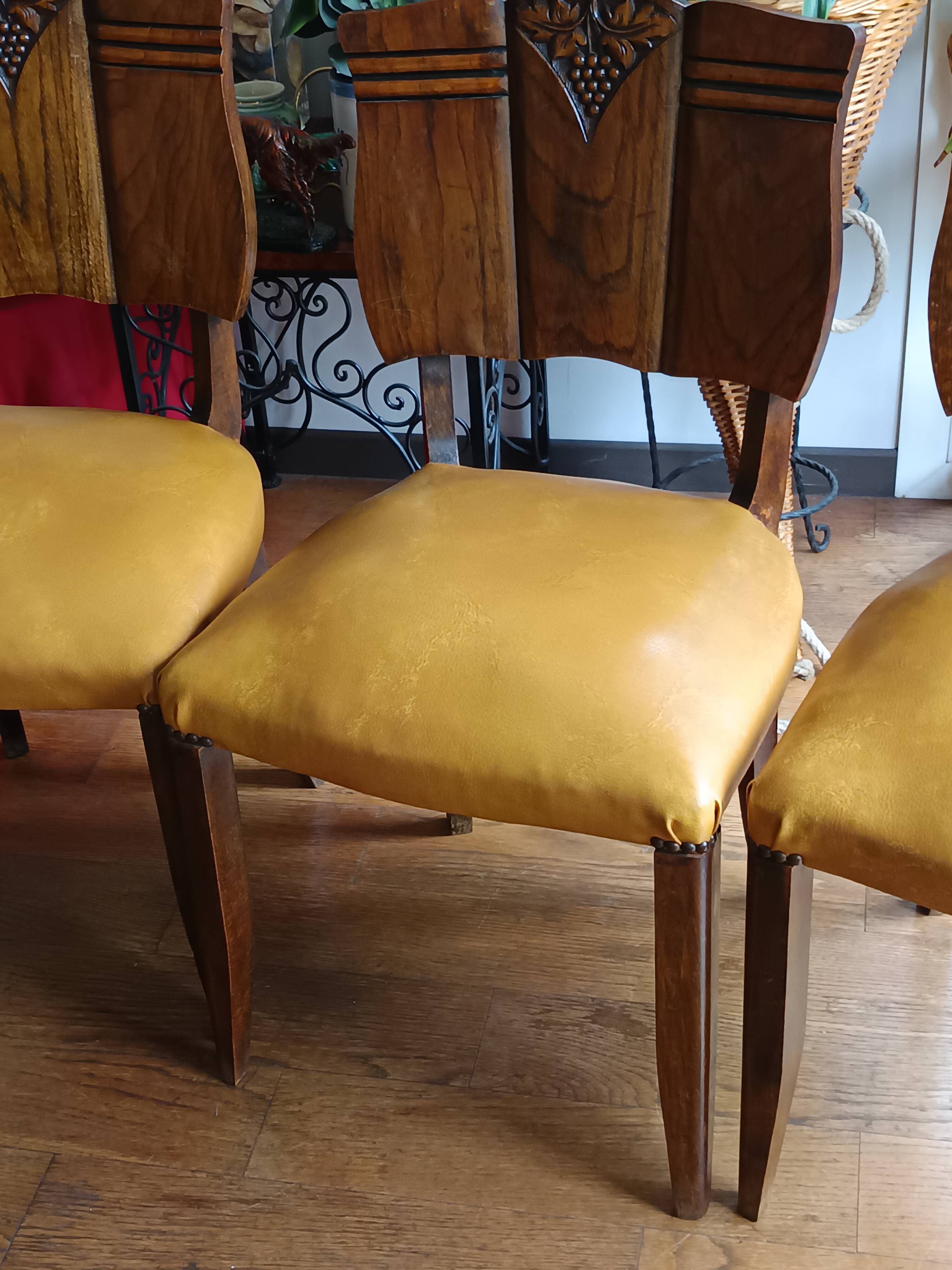 set of 4 vintage Art Deco chairs with carved wood and grape cluster design