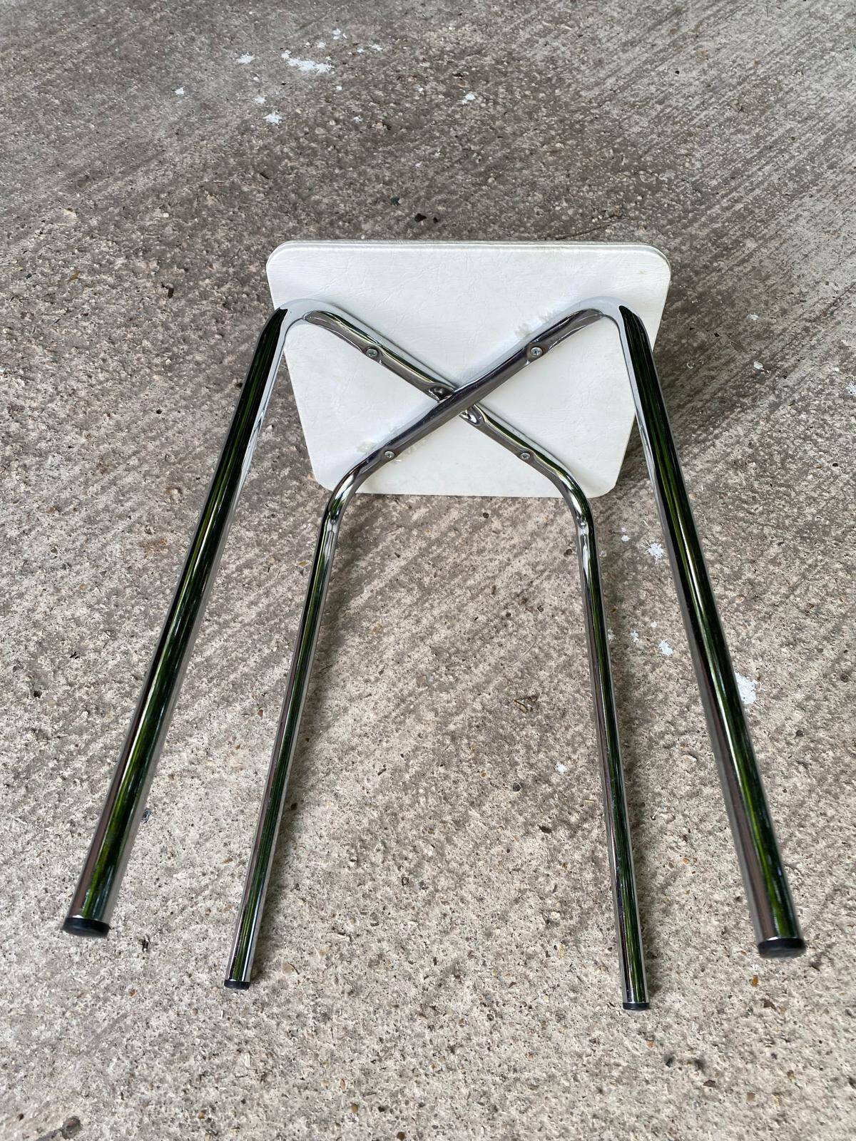 Vintage square steel and white leather stool