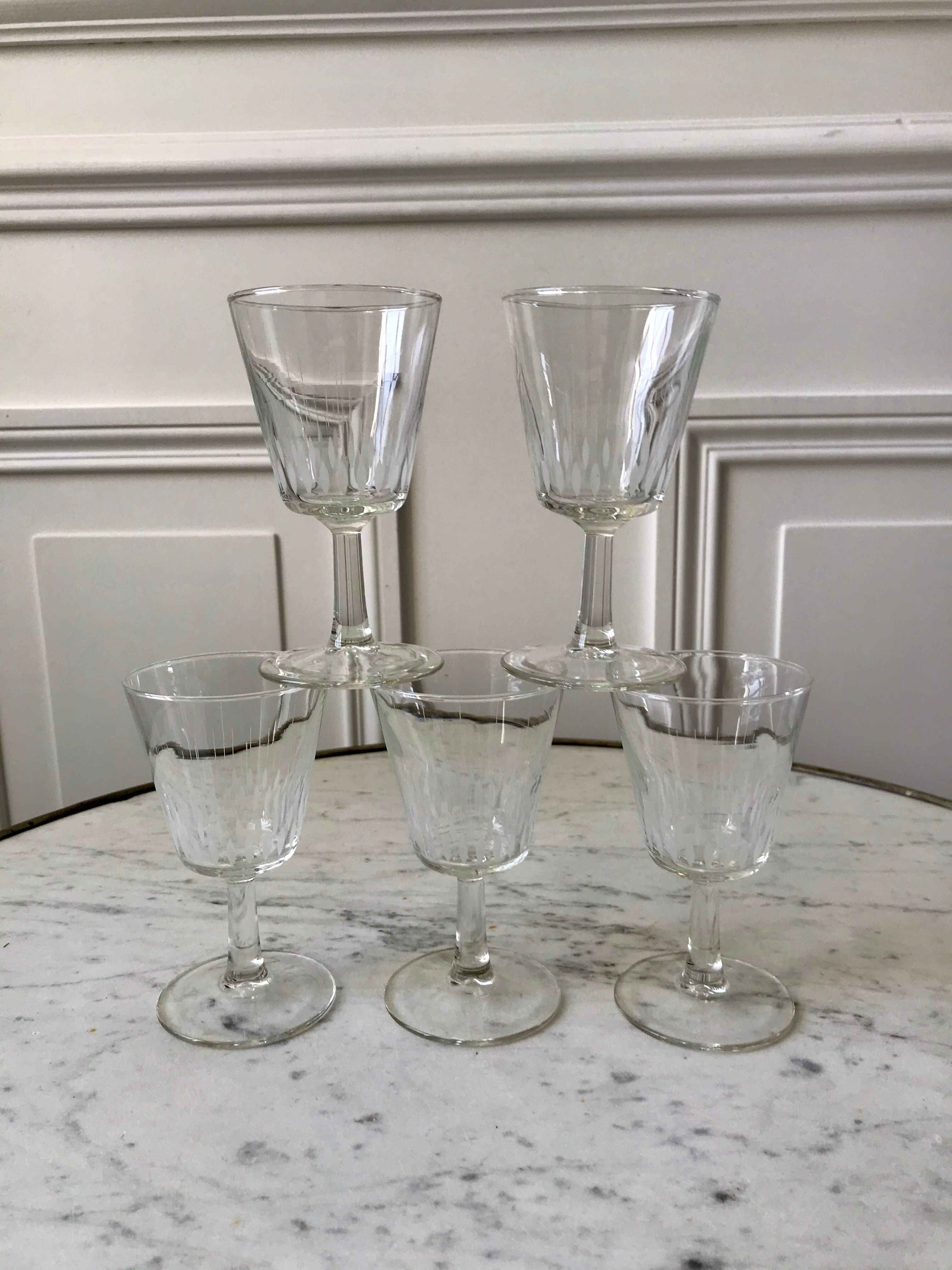 Set of 5 small crystalline glass wine glasses 50-60s