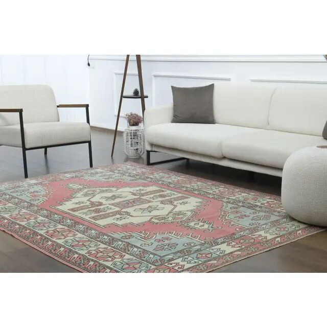 1970s vintage Turkish Oushak handmade wool cotton pink area rug 190x245