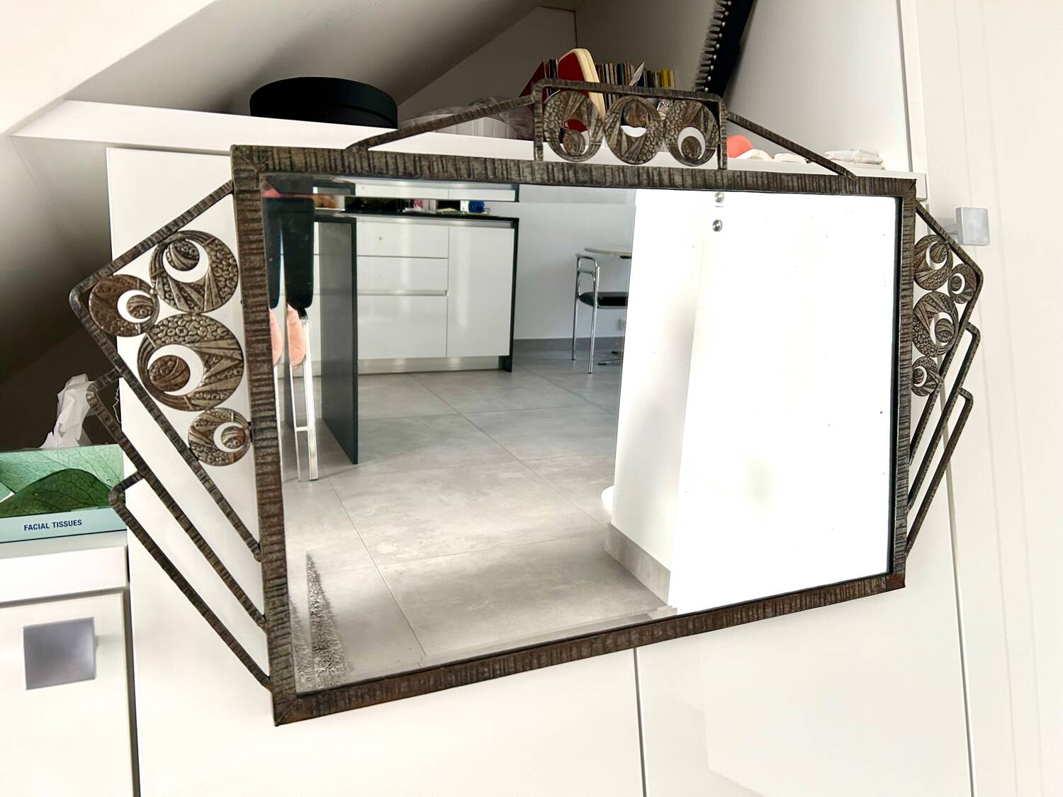 Art Deco mirror 1930 hammered iron and beveled mirror