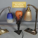 Daum, lampe de table art-déco fer forgé tulipe verre signée sb