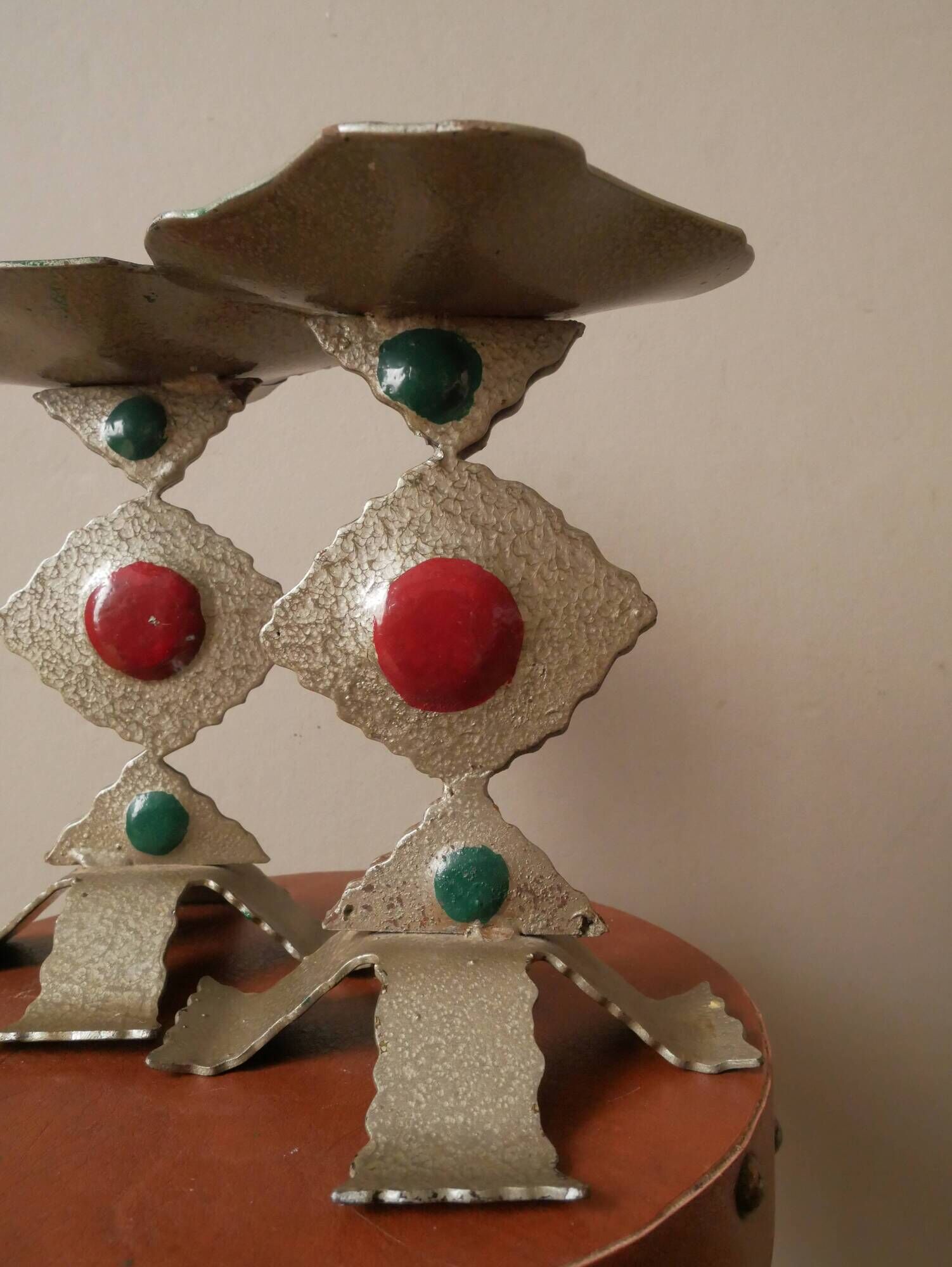 Pair of painted metal candle holders artisanal handmade wrought iron candelabra candlestick