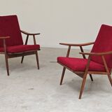 Pair of burgundy boomerang armchairs Antonin Suman Ton Bystrice (Thonet)
