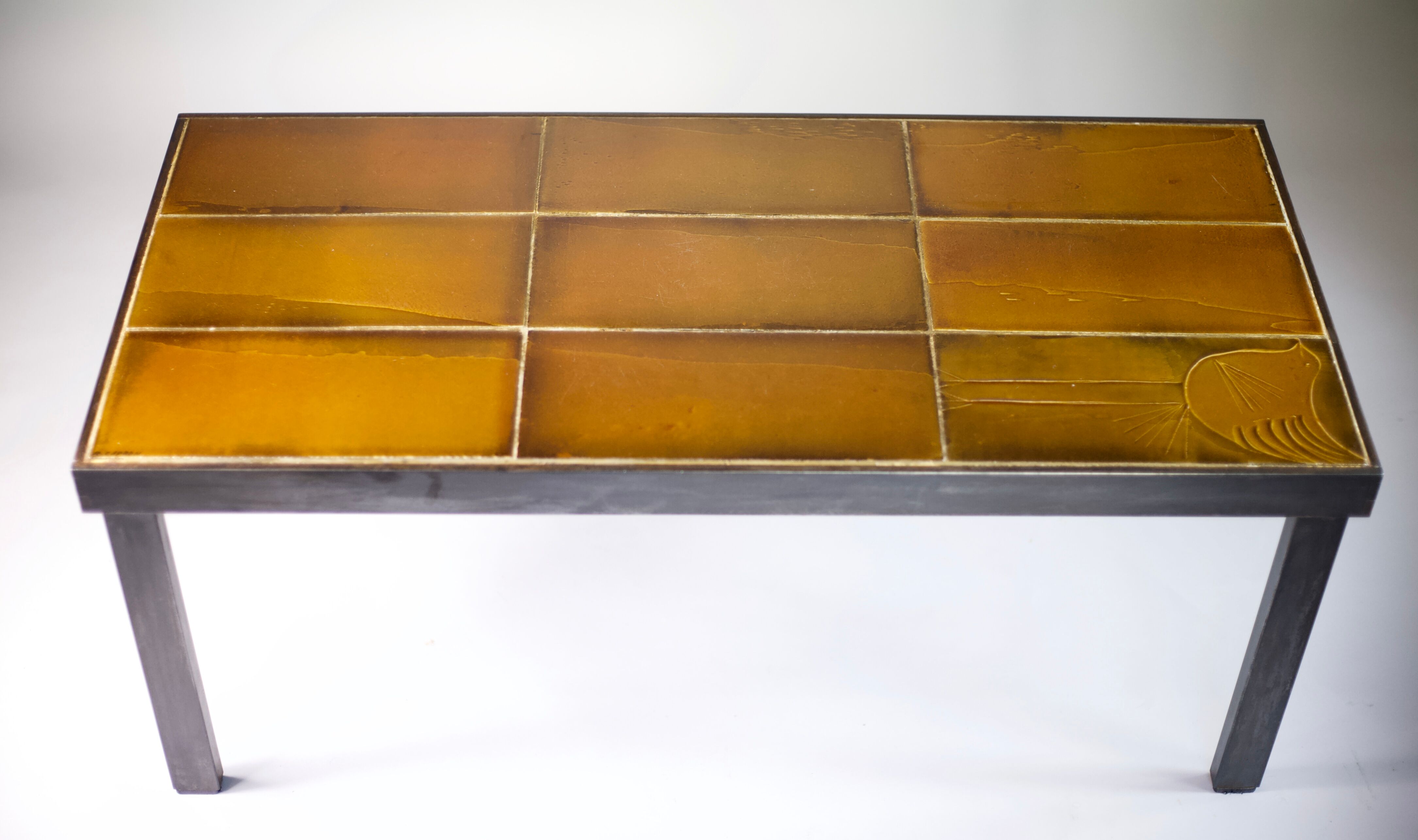 Coffee table signed Roger Capron, steel and ceramic, bird motif