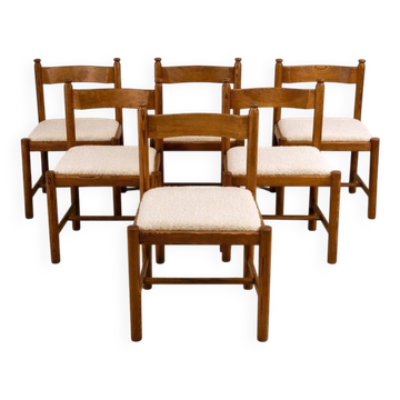 Set of 6 Pine and Boucle Rustic Dining Chairs, 1960s