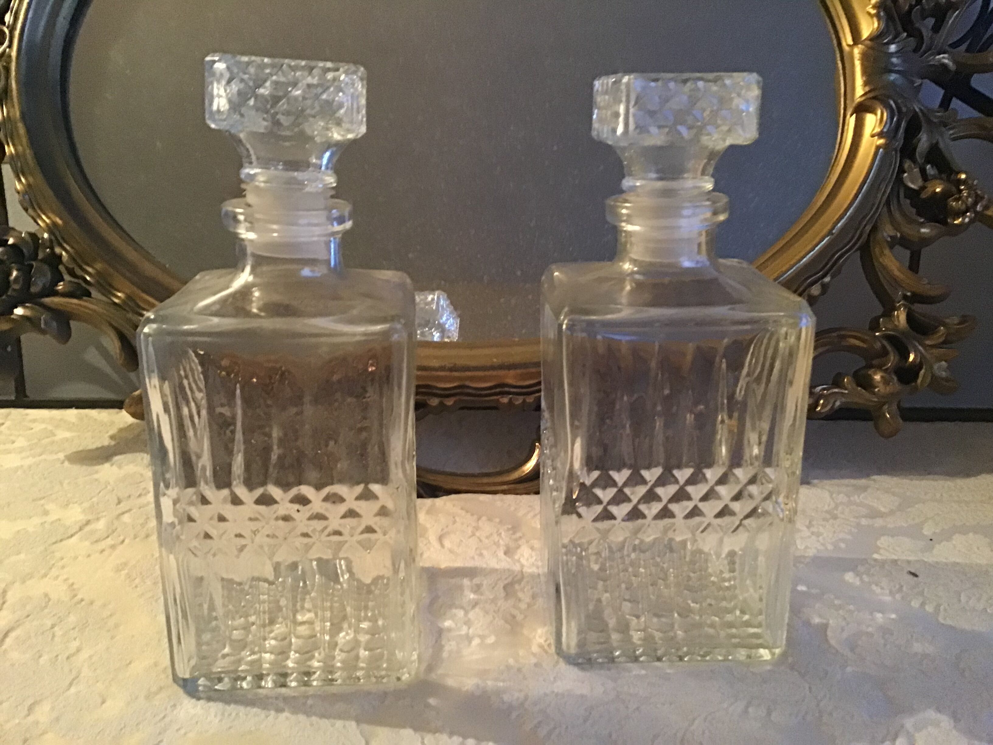 Whisky cellar pair of glass and crystal decanters