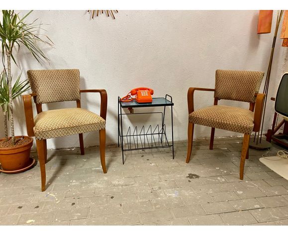 Pair of bridge armchairs in solid wood and velvet circa 1950