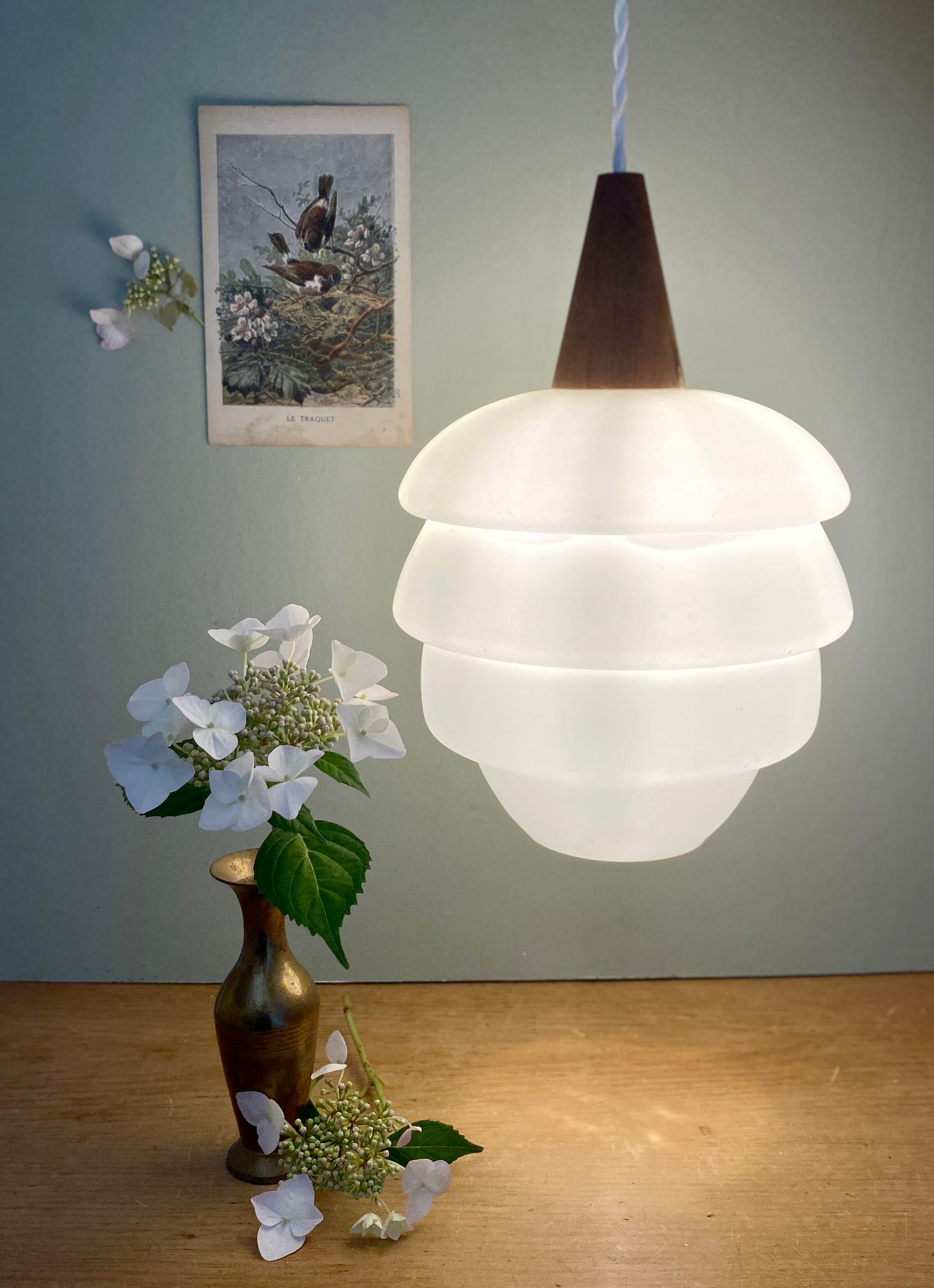 Vintage Scandinavian pendant lamp in teak and opaline