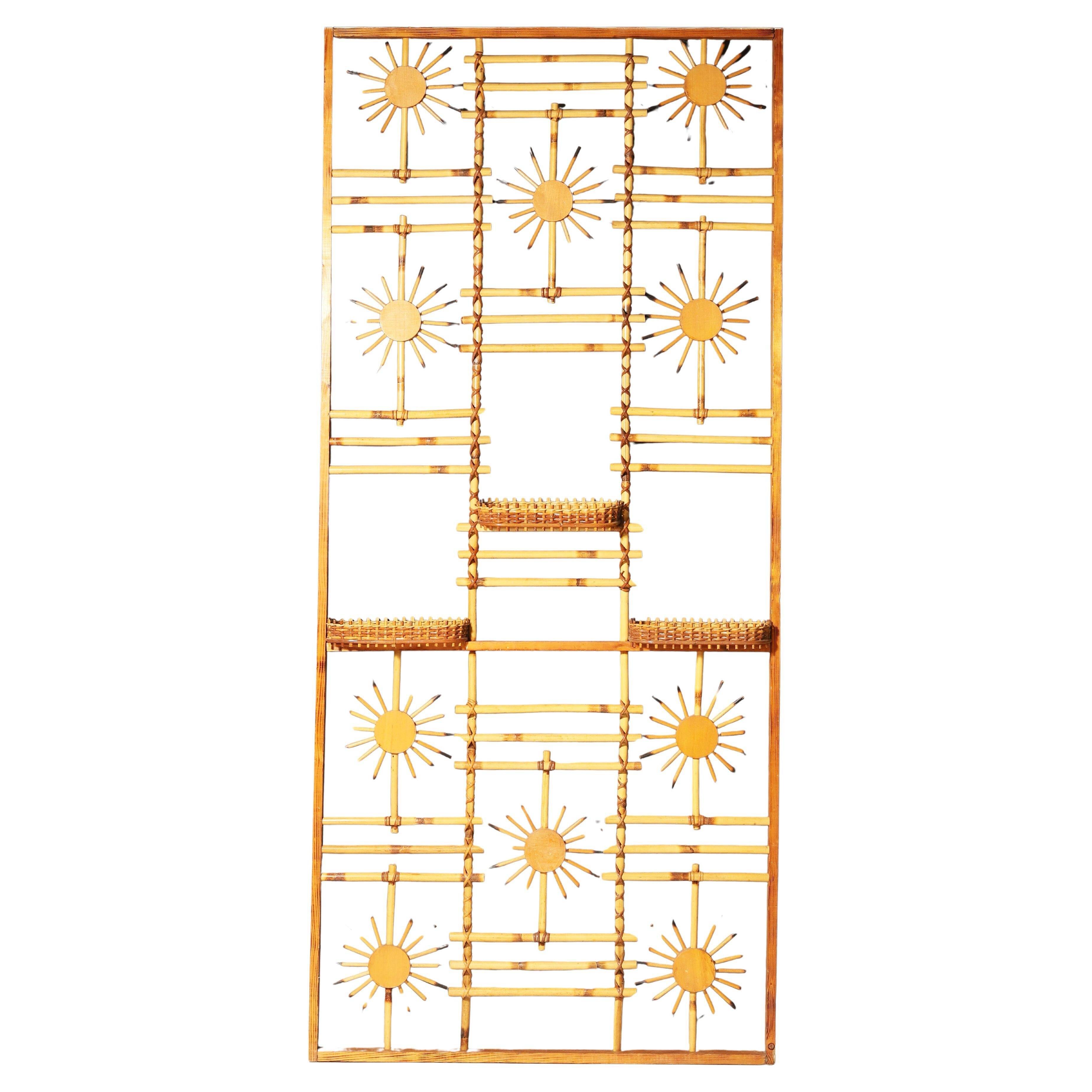 Rattan and Bamboo Room Divider with Sunbrust Accents, Czechoslovakia, 1960´s