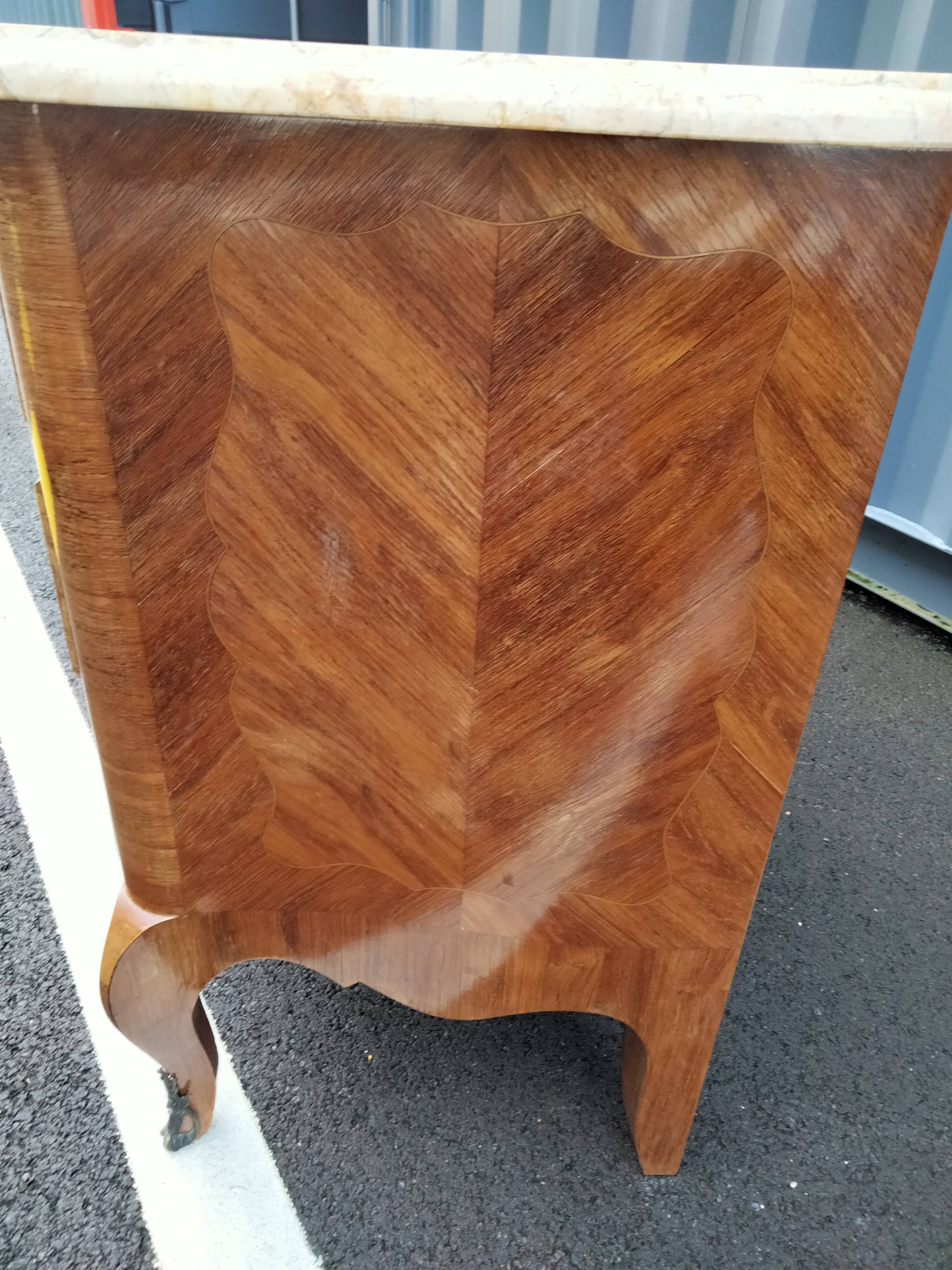 Chest of drawers old marquetry marble top Louis XV style