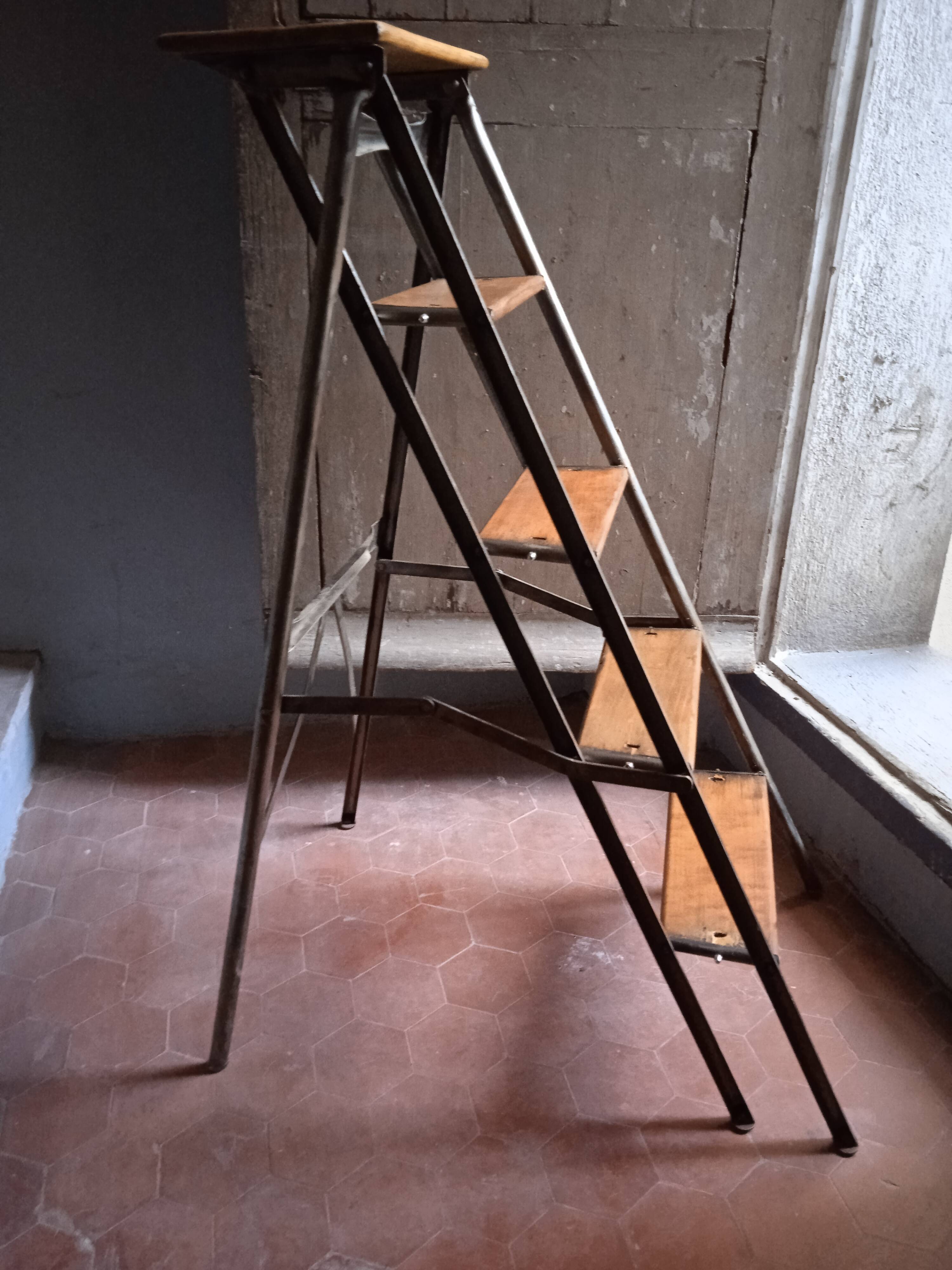 Vintage iron and wood stepladder with 5 steps
