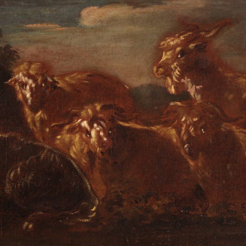 Italian painting from the 17th century, landscape with grazing animals