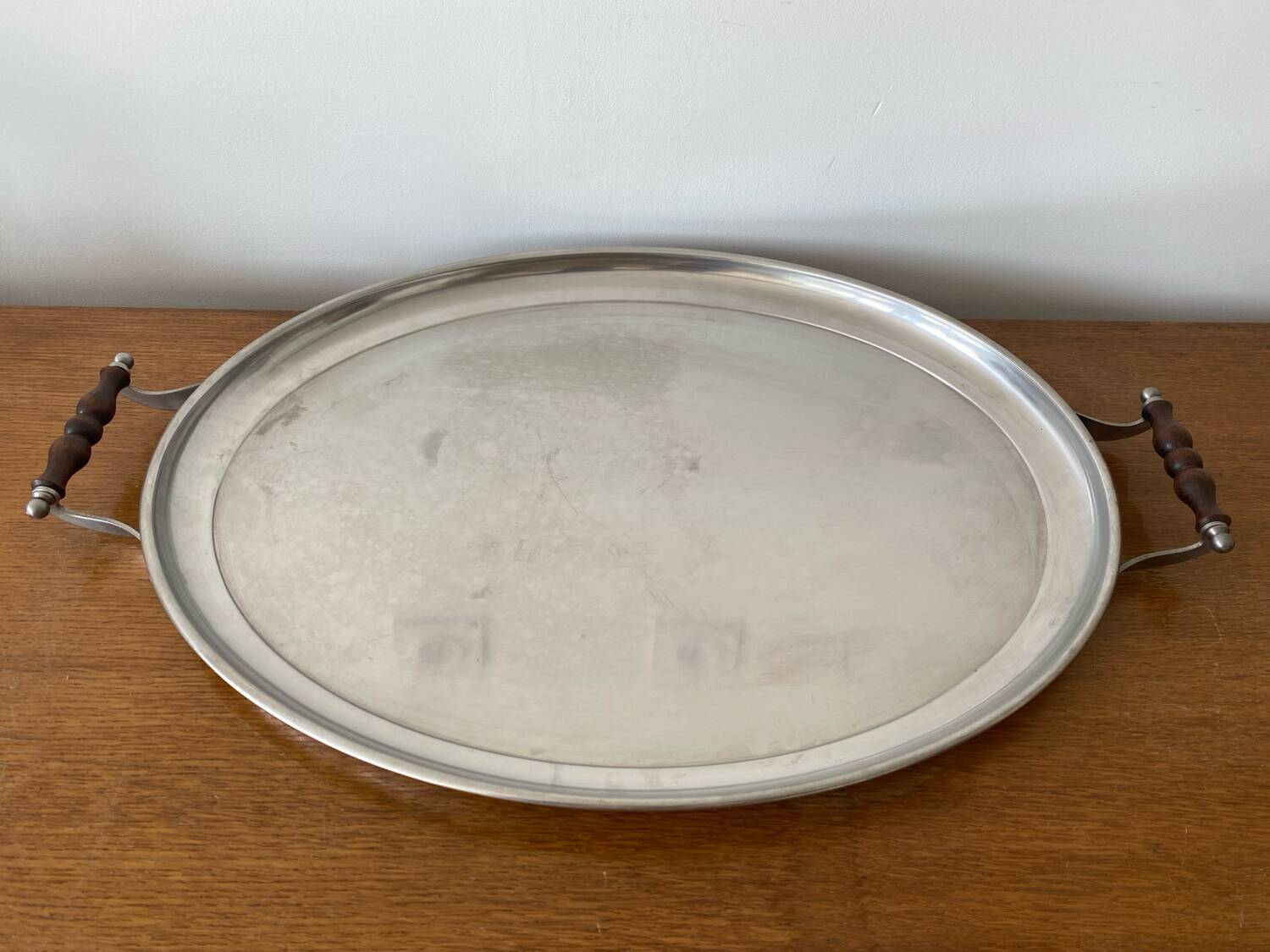 Old jean couzon serving tray stainless steel metal + vintage wooden handles #c