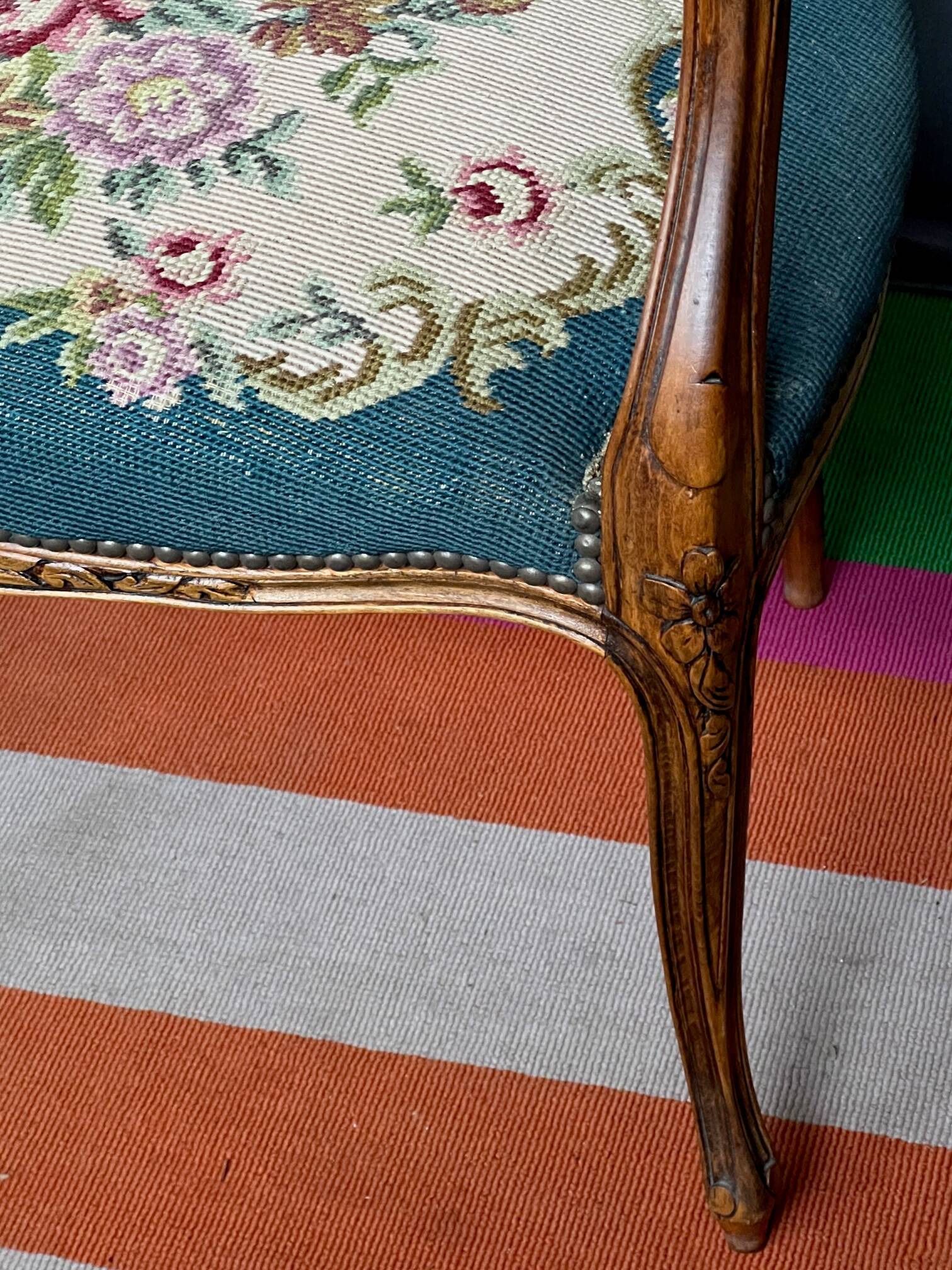 Pair of hand-embroidered armchairs. Walnut.